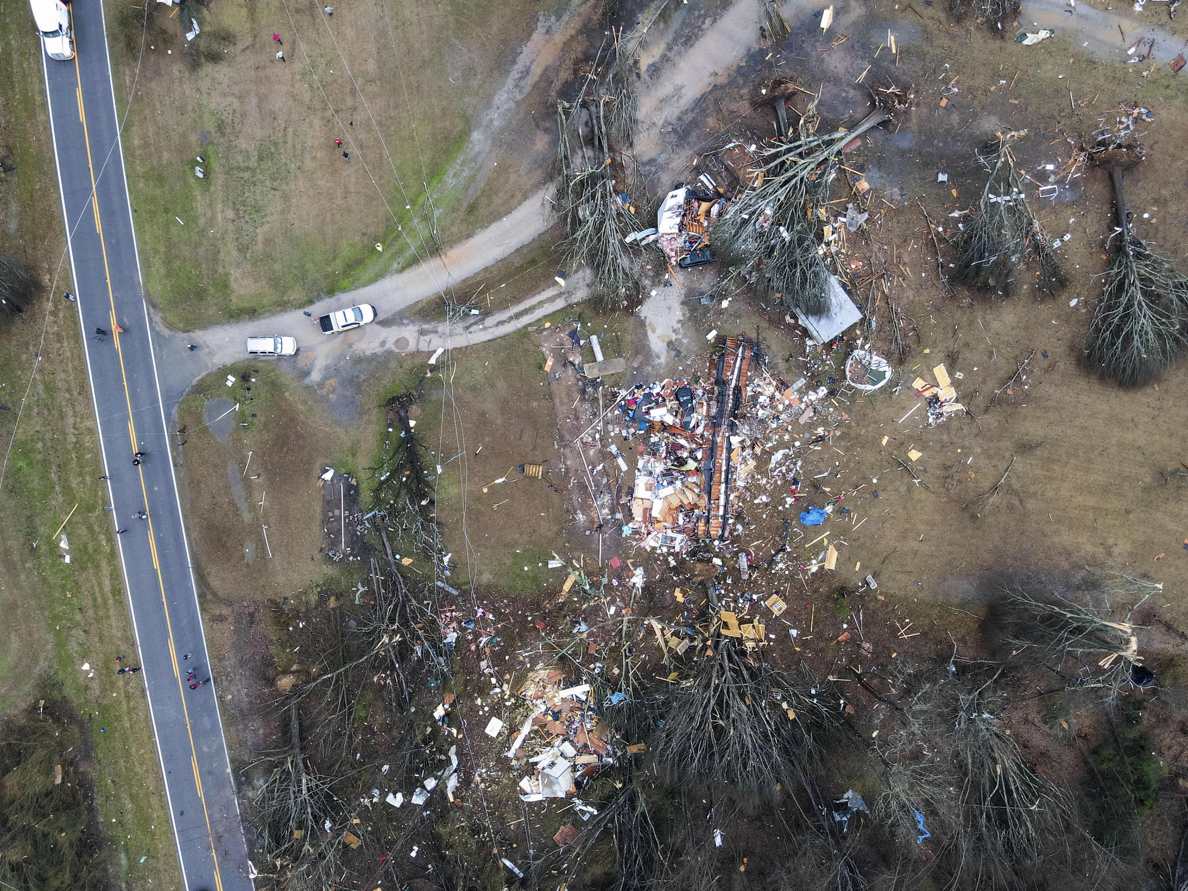 An aerial view of uprooted trees