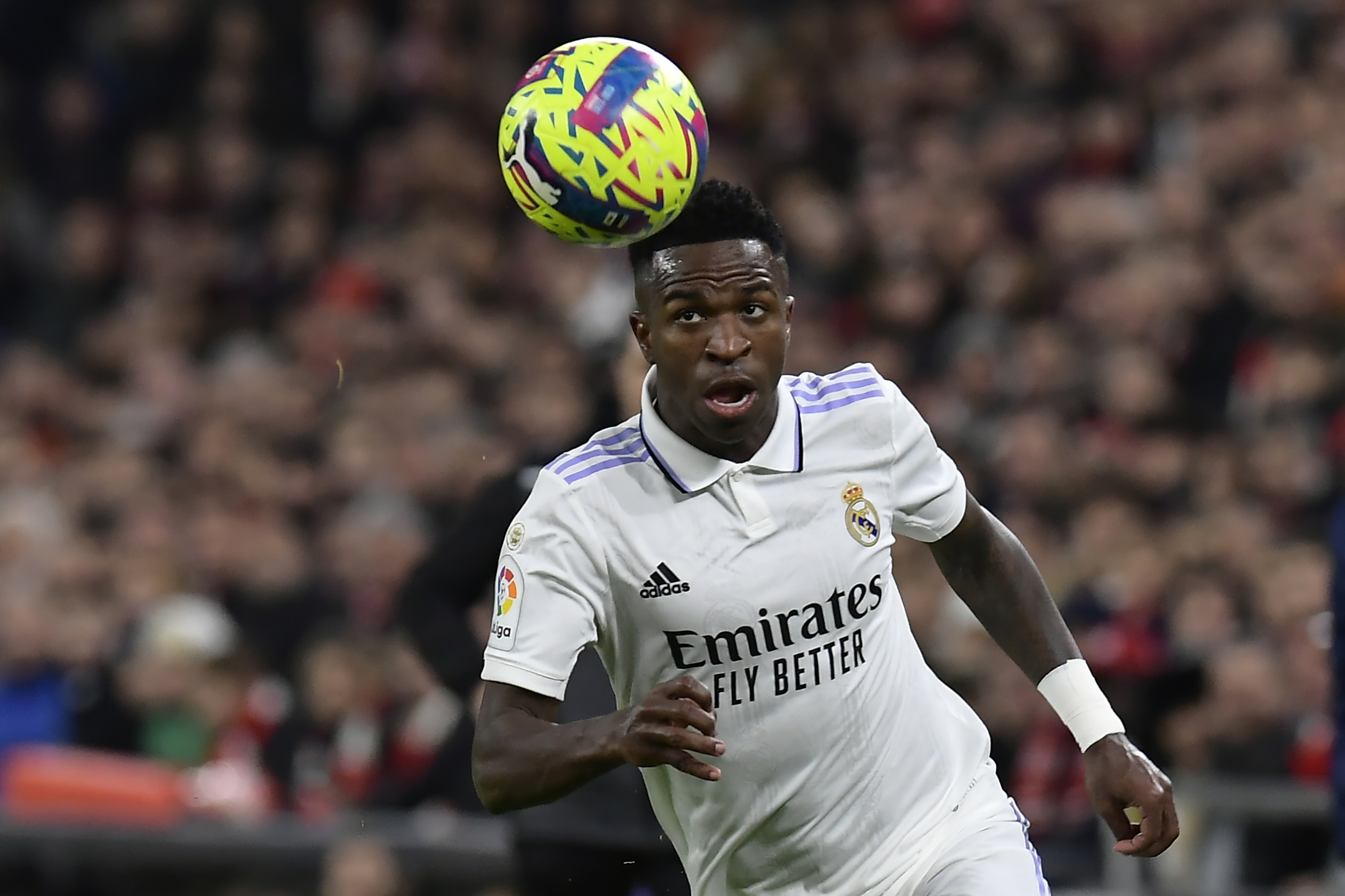 Real Madrid's Vinicius Junior controls the ball in match in January.