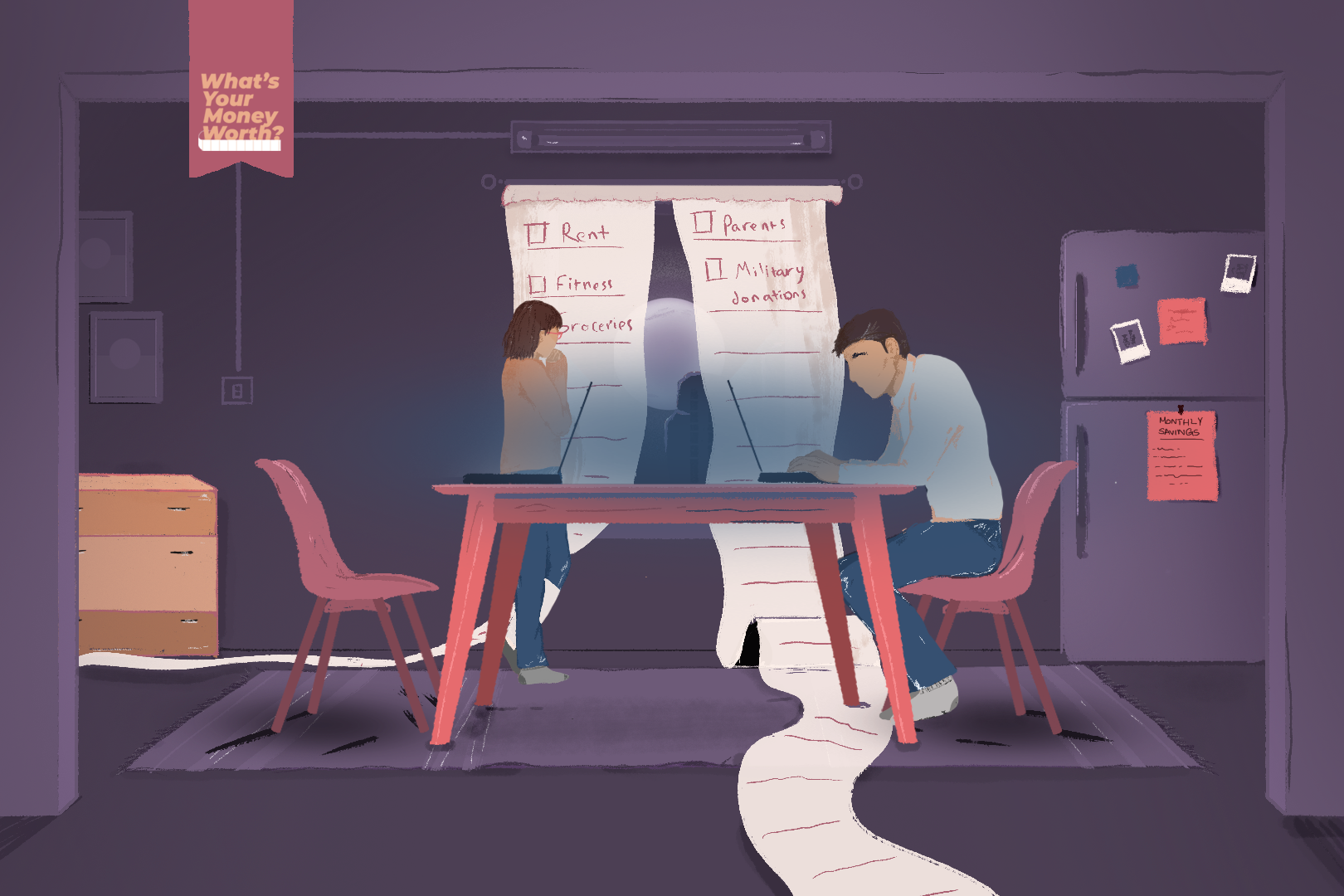 An illustration of a table with two people on either end with a laptop in front of them and the person on the left is looking at the curtains that are made from one long receipt.