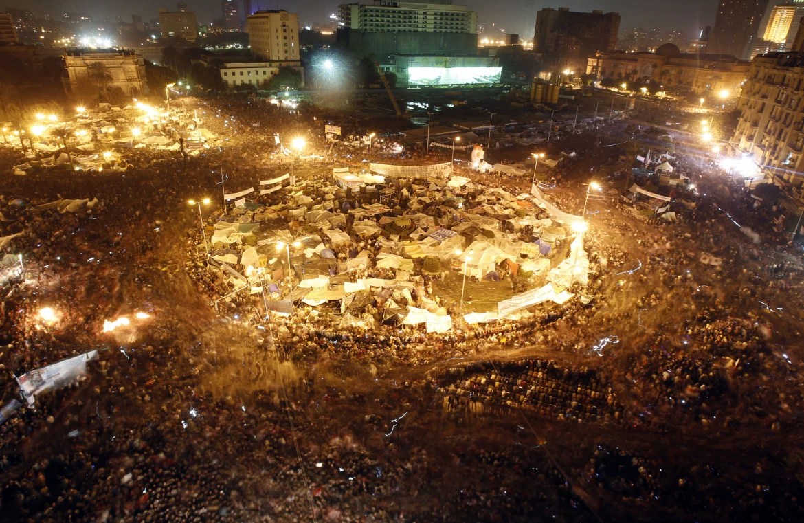 Protesters celebrate in Tahrir Square after the announcement of Mubarak's resignation