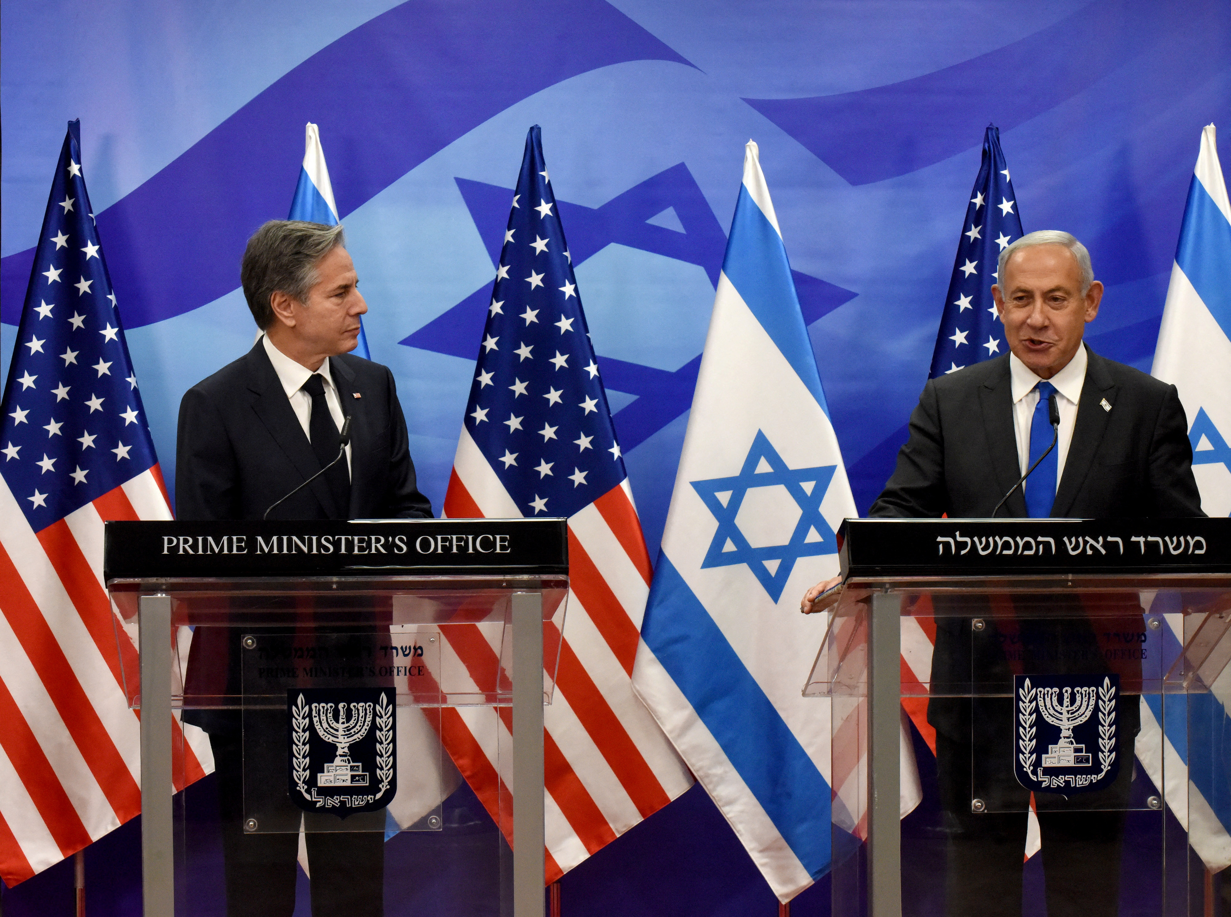 L-R: U.S. Secretary of State Antony Blinken and Israeli Prime Minister Benjamin Netanyahu make statements to the media after their meeting at the Prime Minister's Office in Jerusalem, on Monday, January 30, 2023.