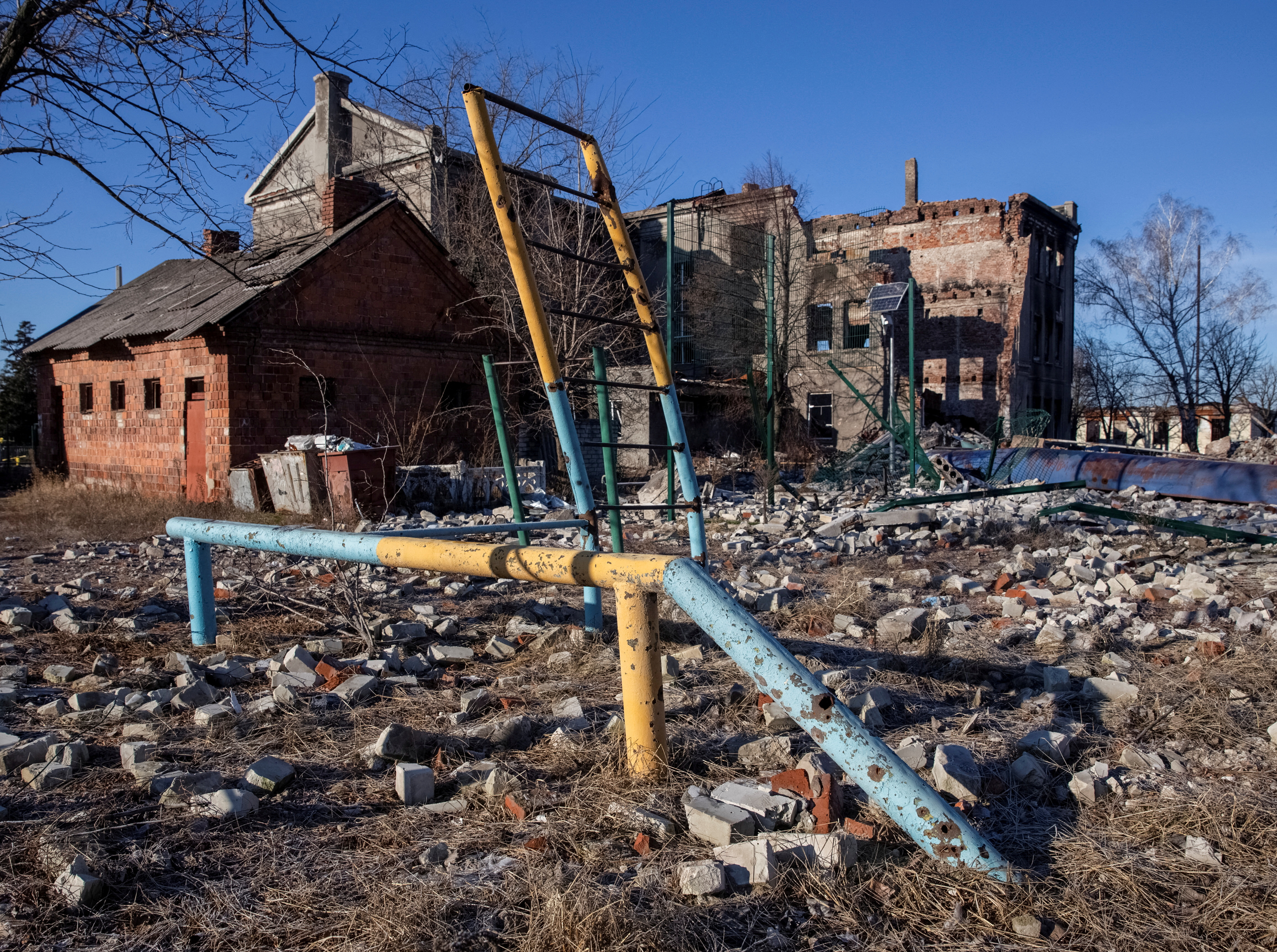 A destroyed playground and school are seen, as Russia's attack on Ukraine continues, in Lyman, Donetsk region, Ukraine December 20, 2022