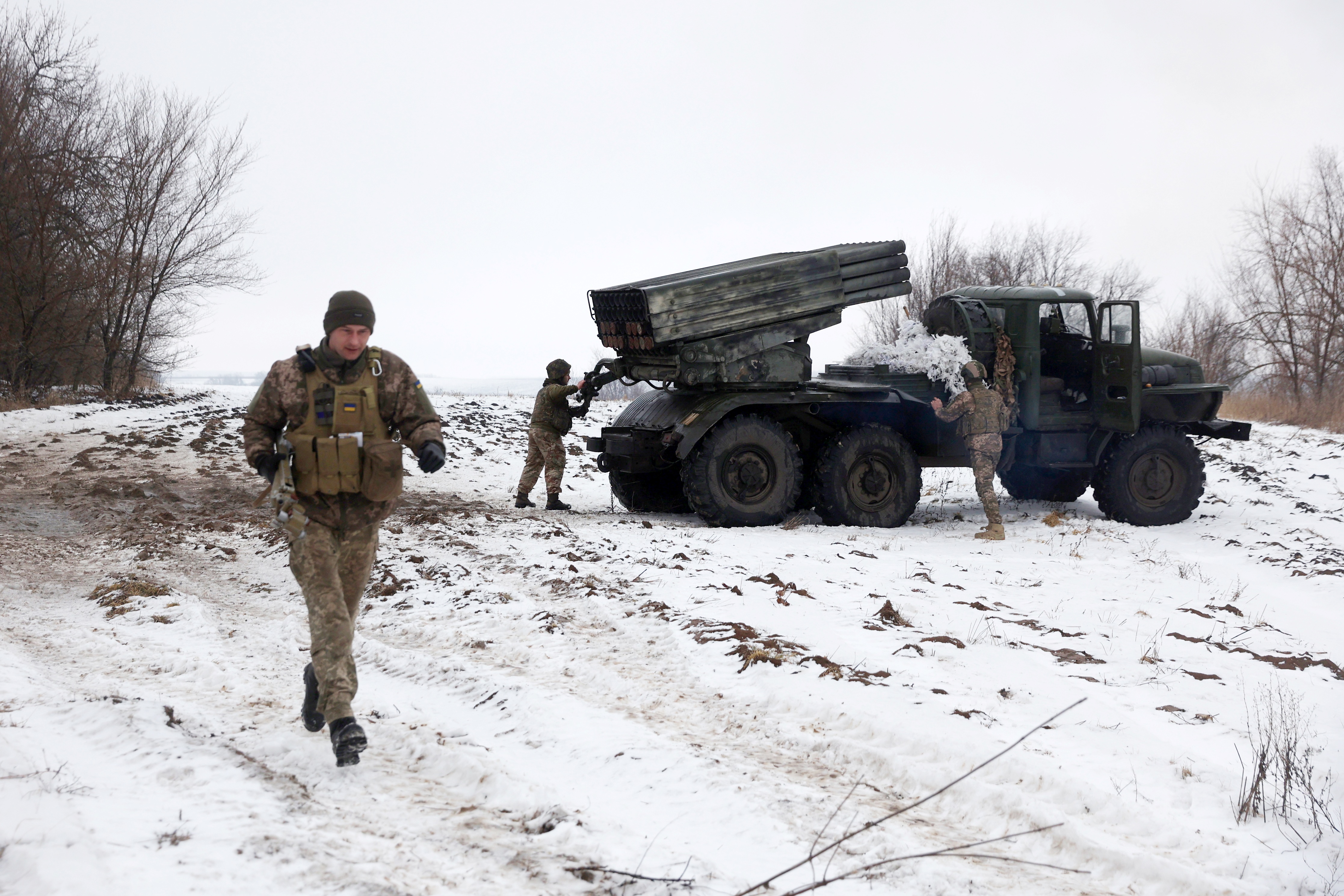 Ukrainian artillery members prepare a BM-21 Grad multiple rocket launcher on the front line, in the south east Kharkiv region, Ukraine.