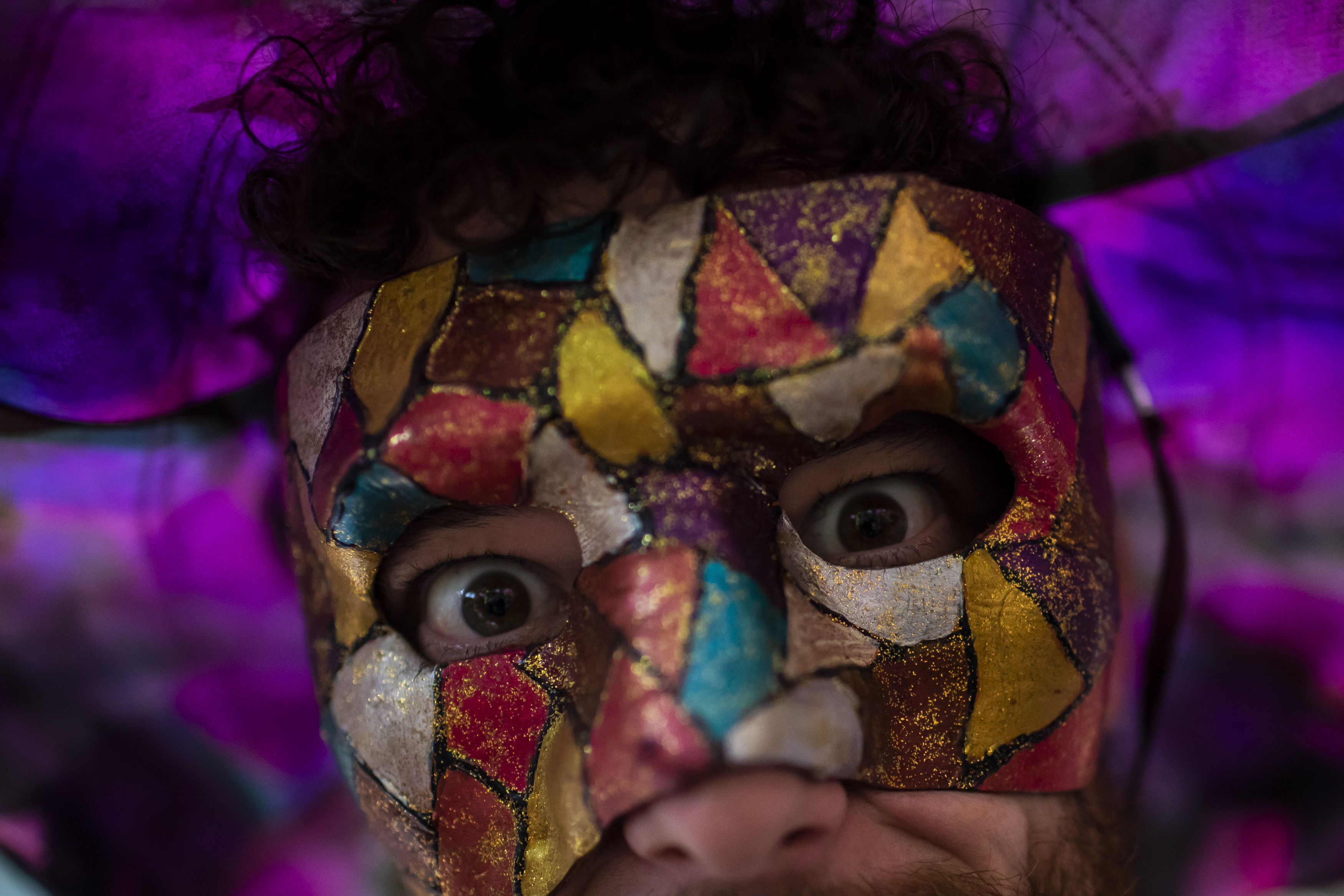 A close-up of a bright Carnival mask