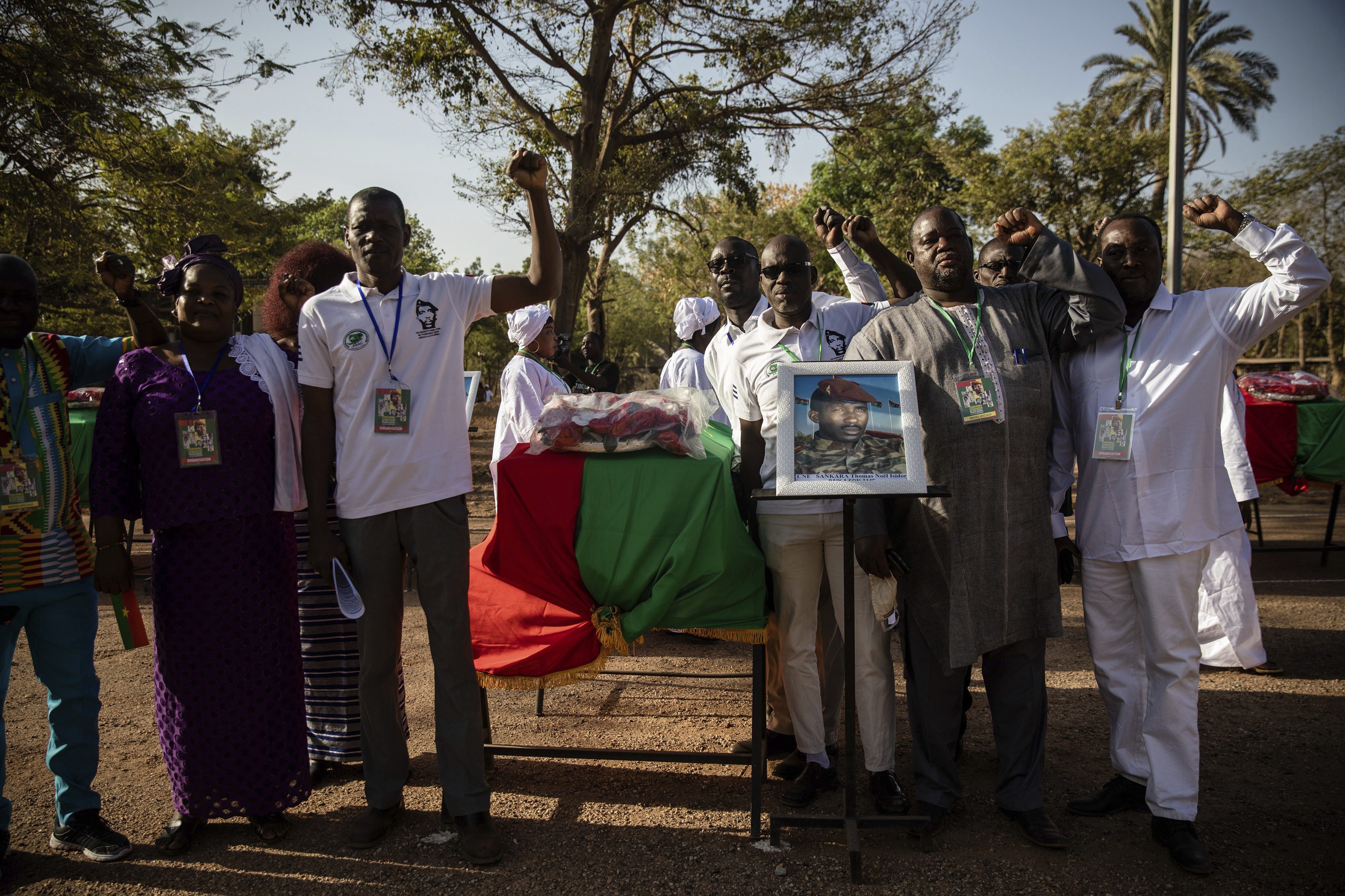 A military officer stands in front of the coffin containing the remains of Burkina Faso's revolutionary leader, Thomas Sankara,