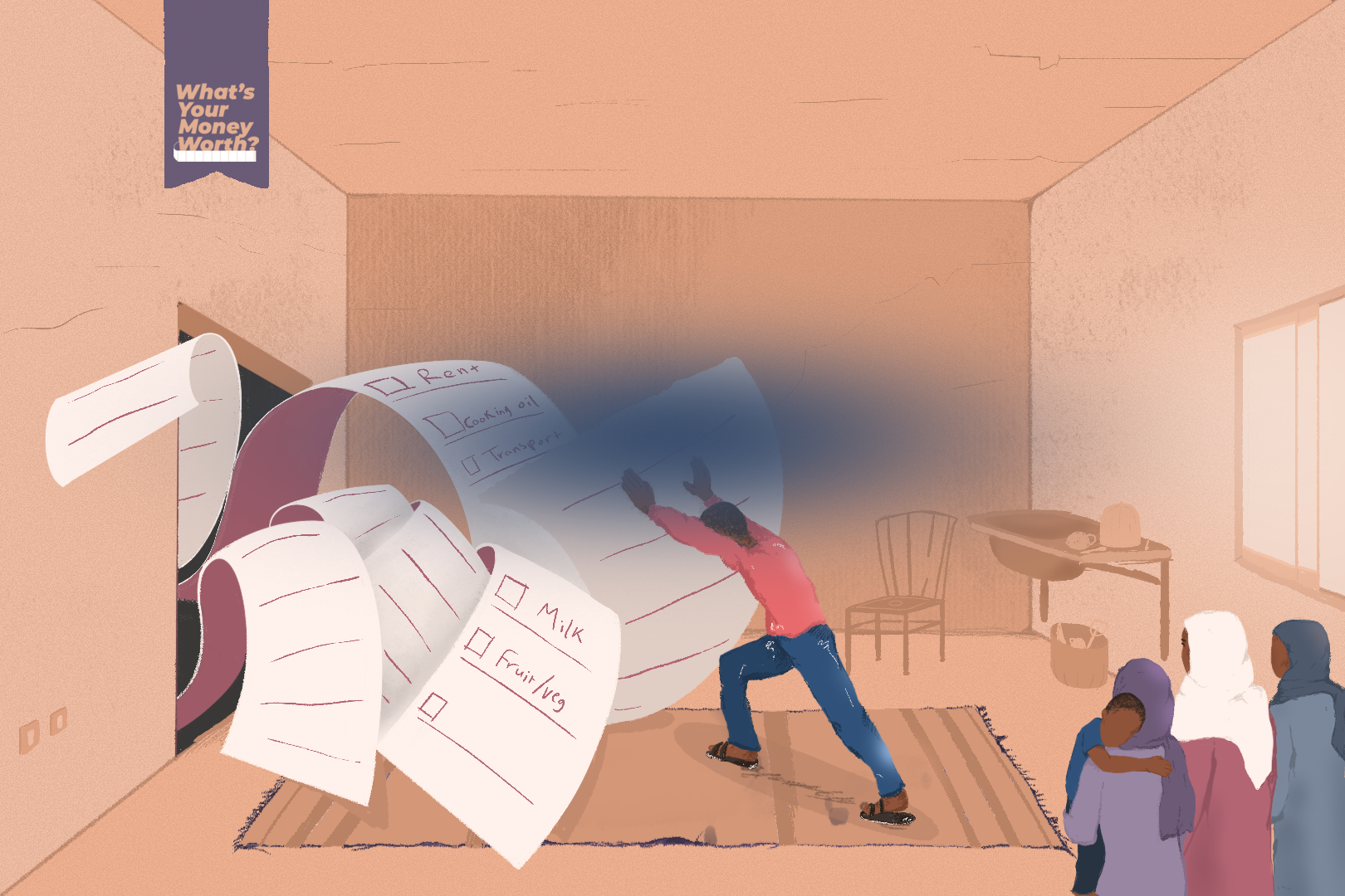 An illustration of a man pushing a giant and very long receipt out of a doorway.