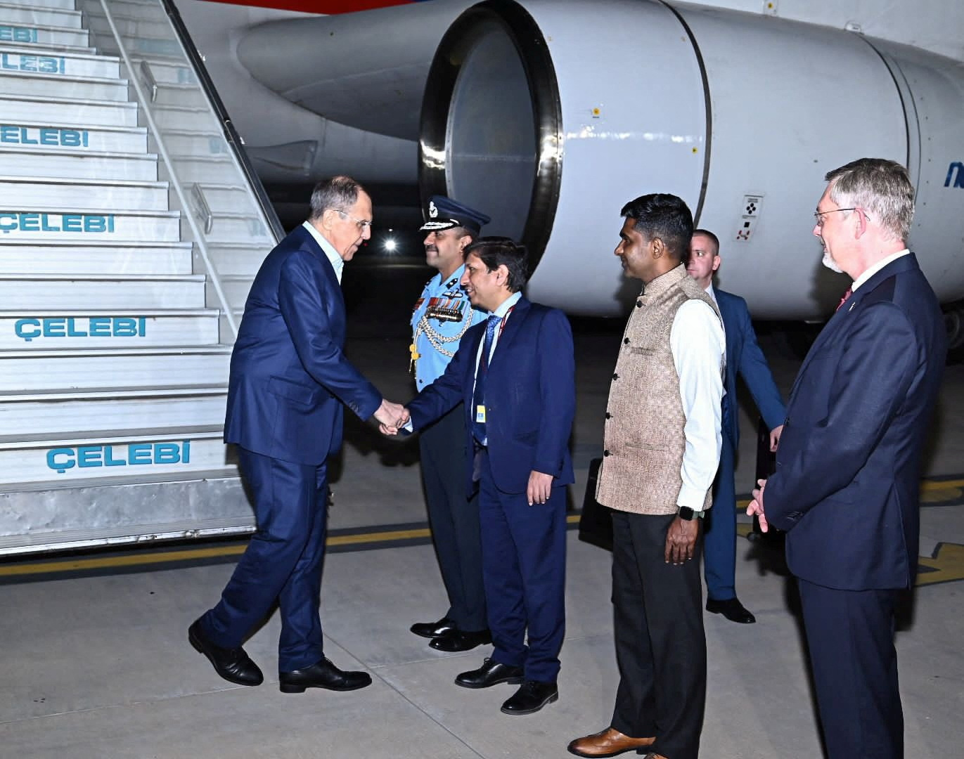 Russia's Foreign Minister Sergei Lavrov is welcomed upon his arrival in New Delhi
