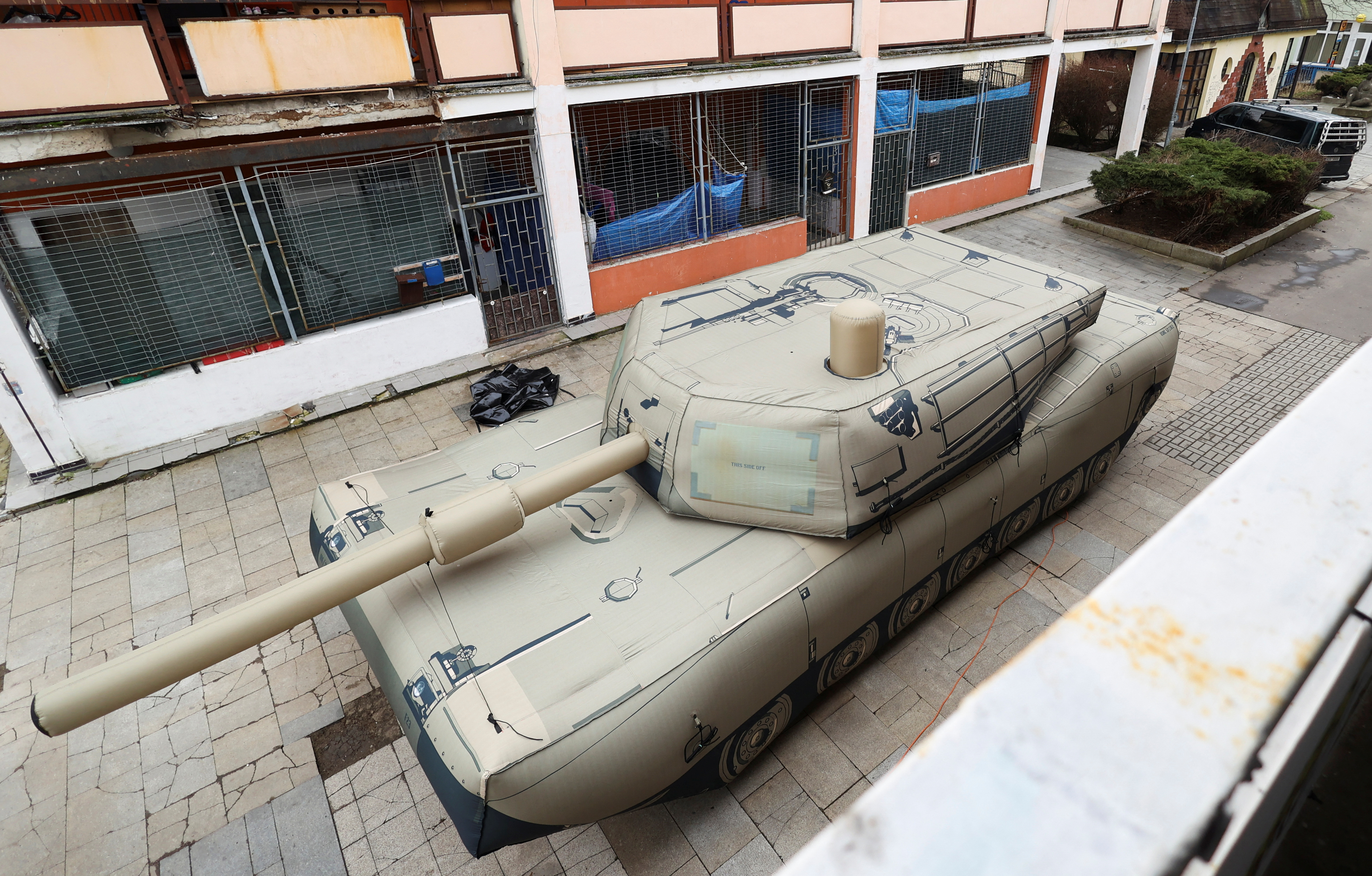 An inflatable decoy of a military vehicle is displayed during a media presentation in Decin, Czech Republic