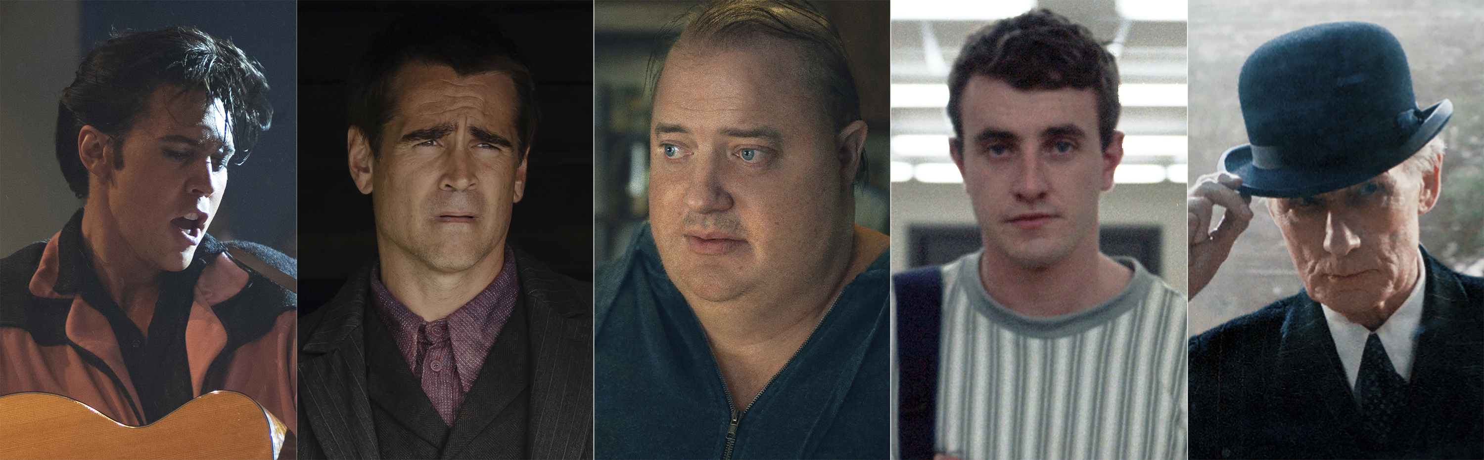 This combination of photos shows Oscar nominees for best performance by an actor in a leading role, from left, Austin Butler in "Elvis," Colin Farrell in "The Banshees of Inisherin," Brendan Fraser in "The Whale," Paul Mescal in "Aftersun," and Bill Nighy in "Living.