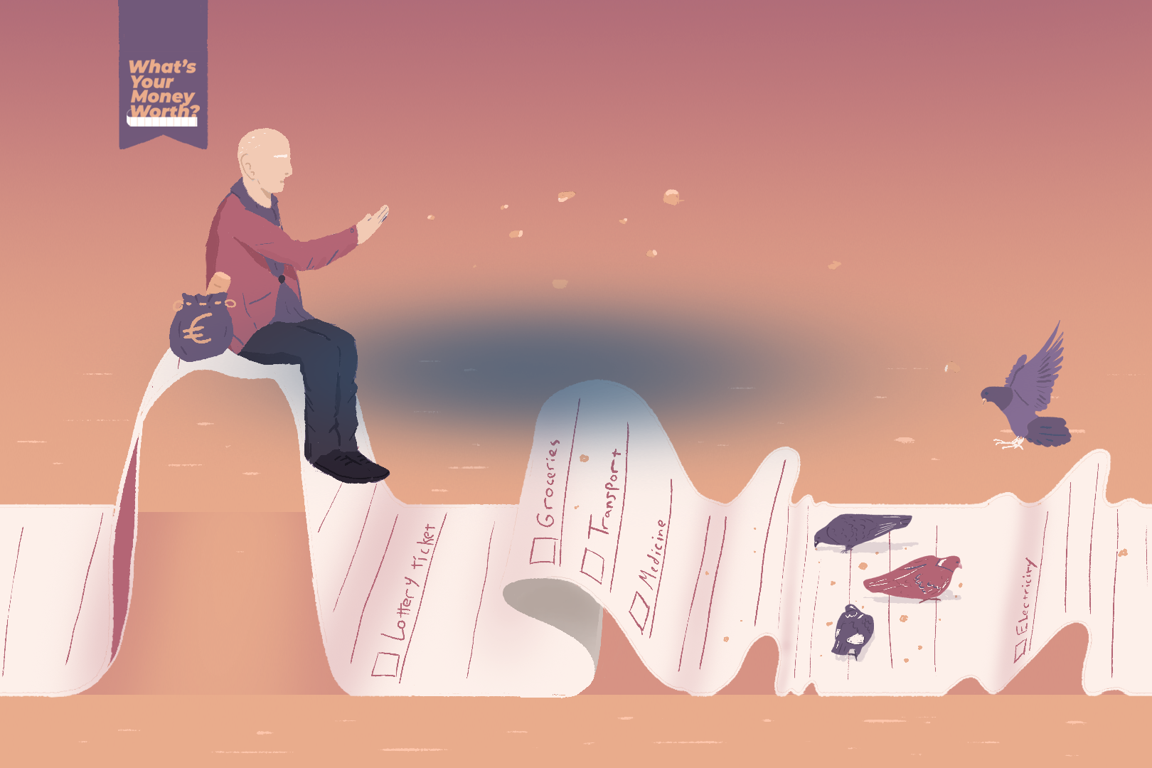 An illustration of a person sitting on top of a long receipt feeding some bird in front of them.