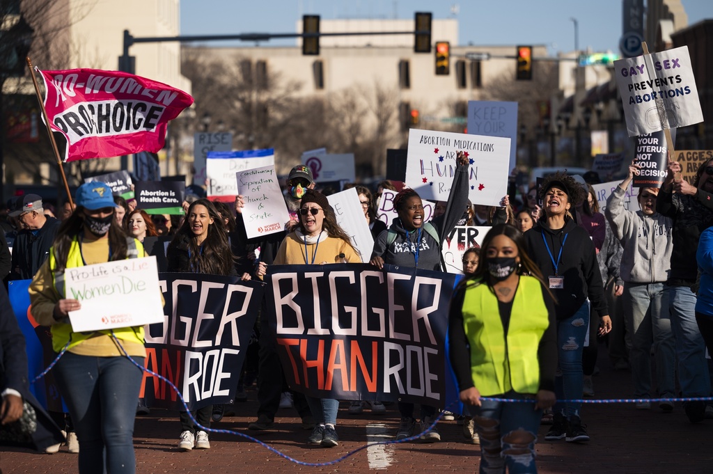 Pro-abortion rights groups march down a street