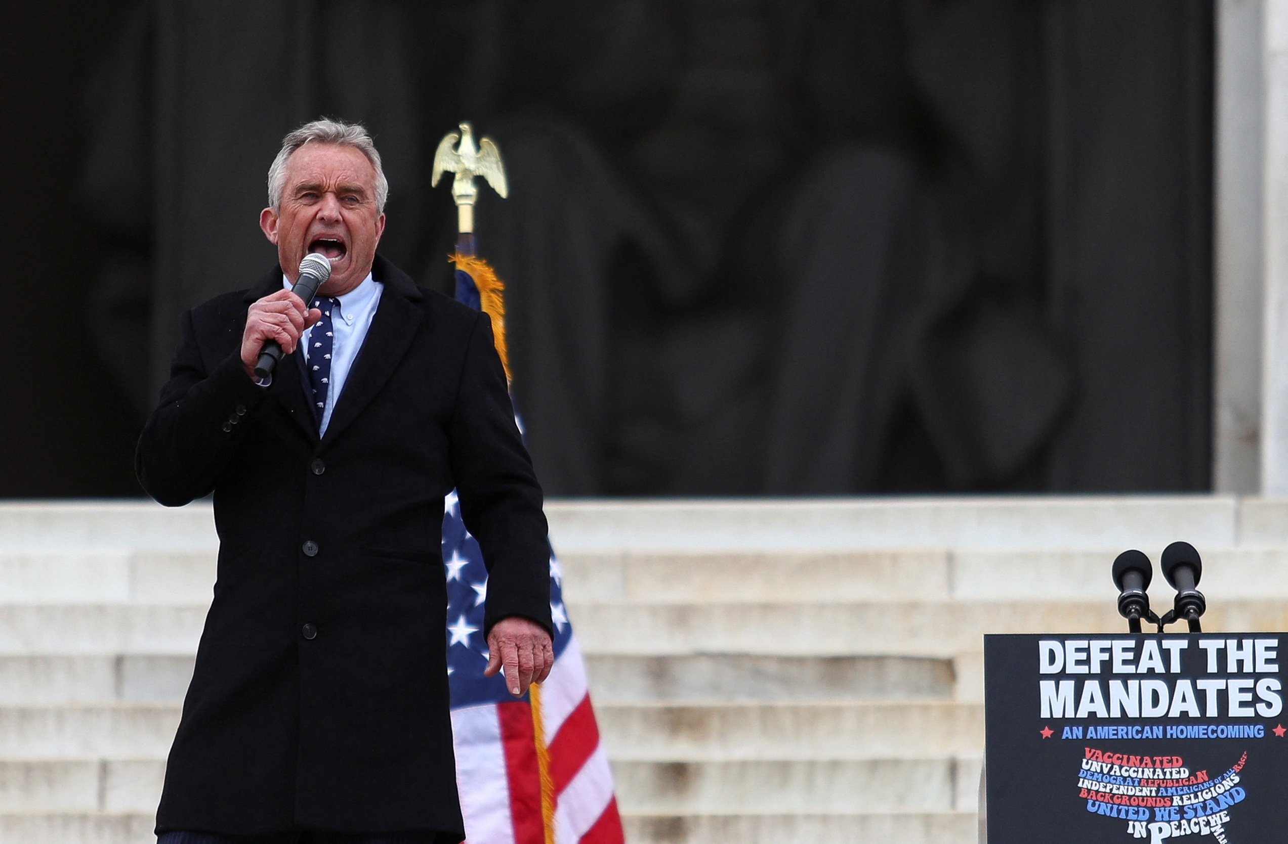 Robert F. Kennedy Jr. speaks during a rally following a march in opposition to coronavirus disease (COVID-19) mandates on the National Mall
