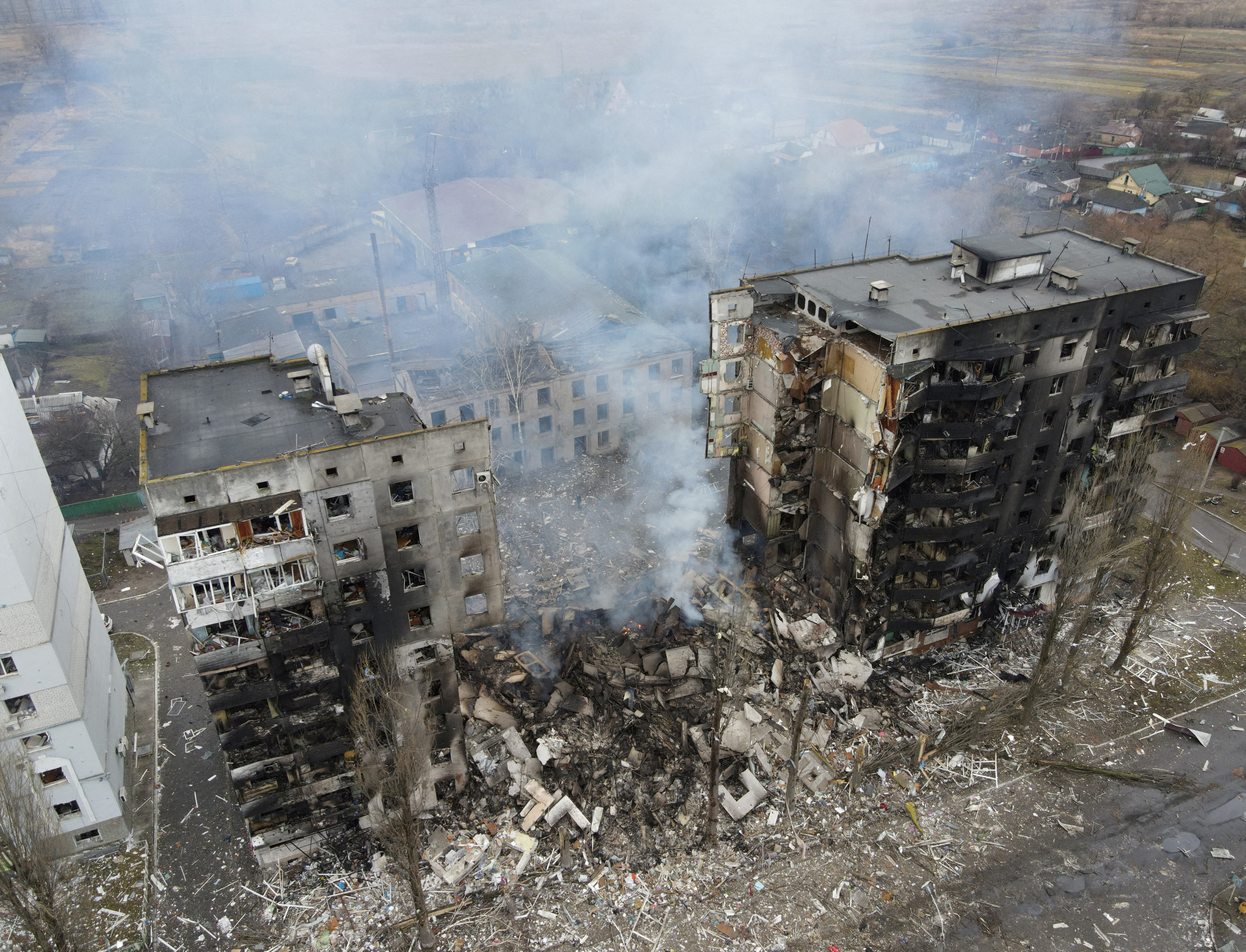 An aerial view shows a residential building destroyed by shelling in the settlement of Borodyanka in the Kyiv region, Ukraine, March 3, 2022