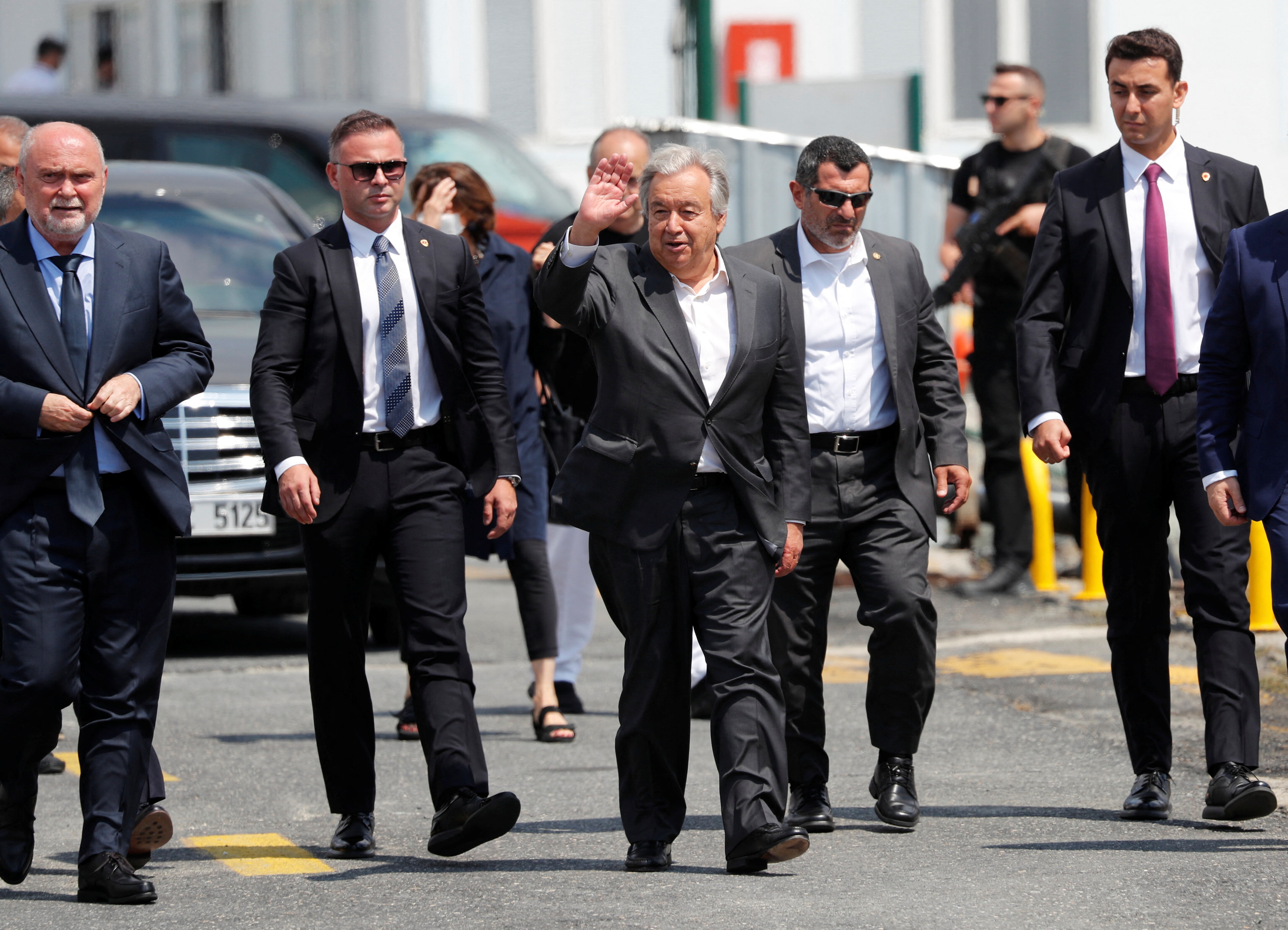 UN Secretary-General Antonio Guterres arrives at Zeyport to sail to a ship carrying Ukrainian grain, in Istanbul