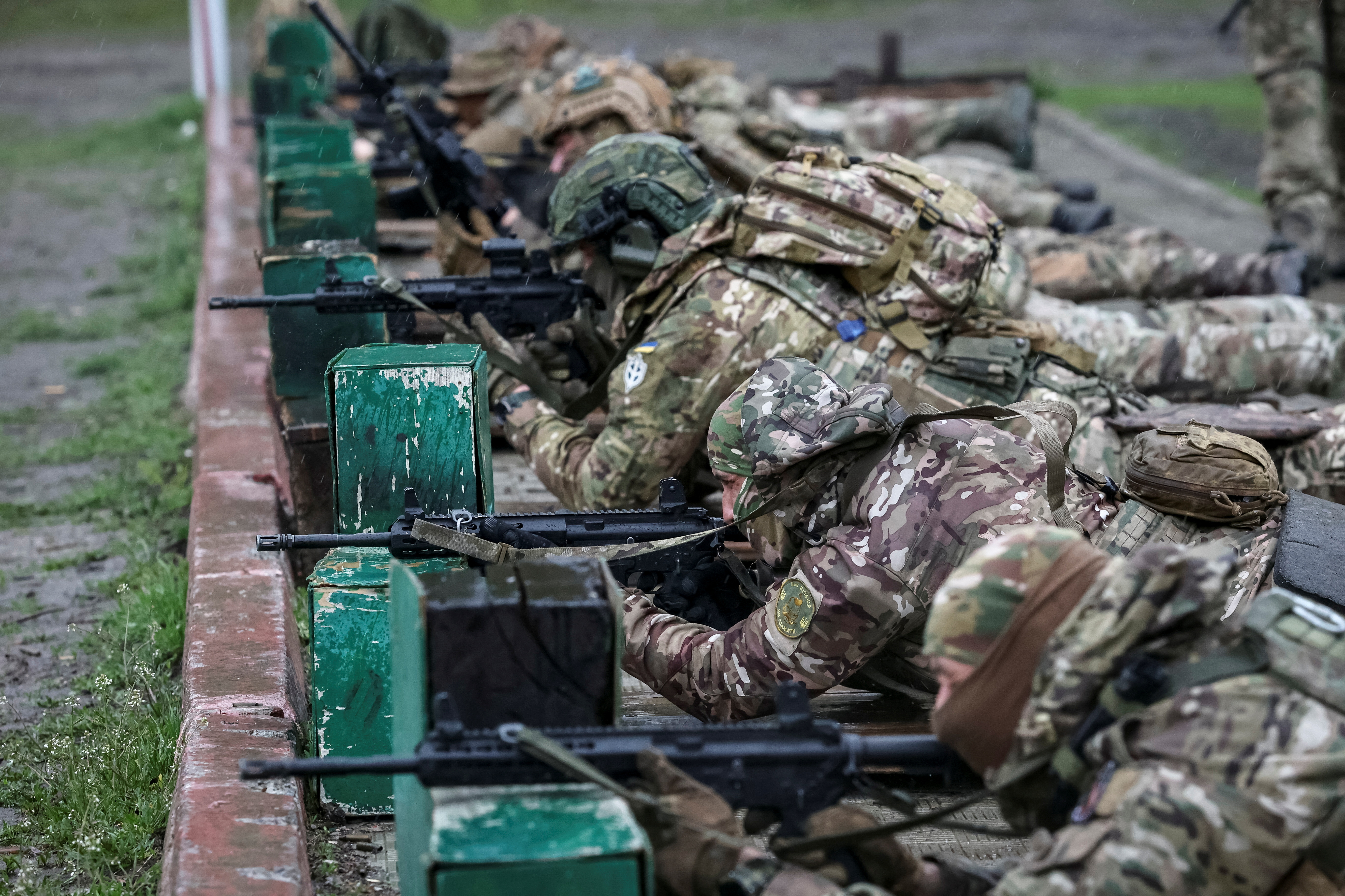 Recruits of the Spartan storm brigade of the Ukrainian National Guard practise at the unit's base, amid Russia's attack on Ukraine, in Kharkiv region, Ukraine April 20, 2023. REUTERS/Viktoriia Yakymenko