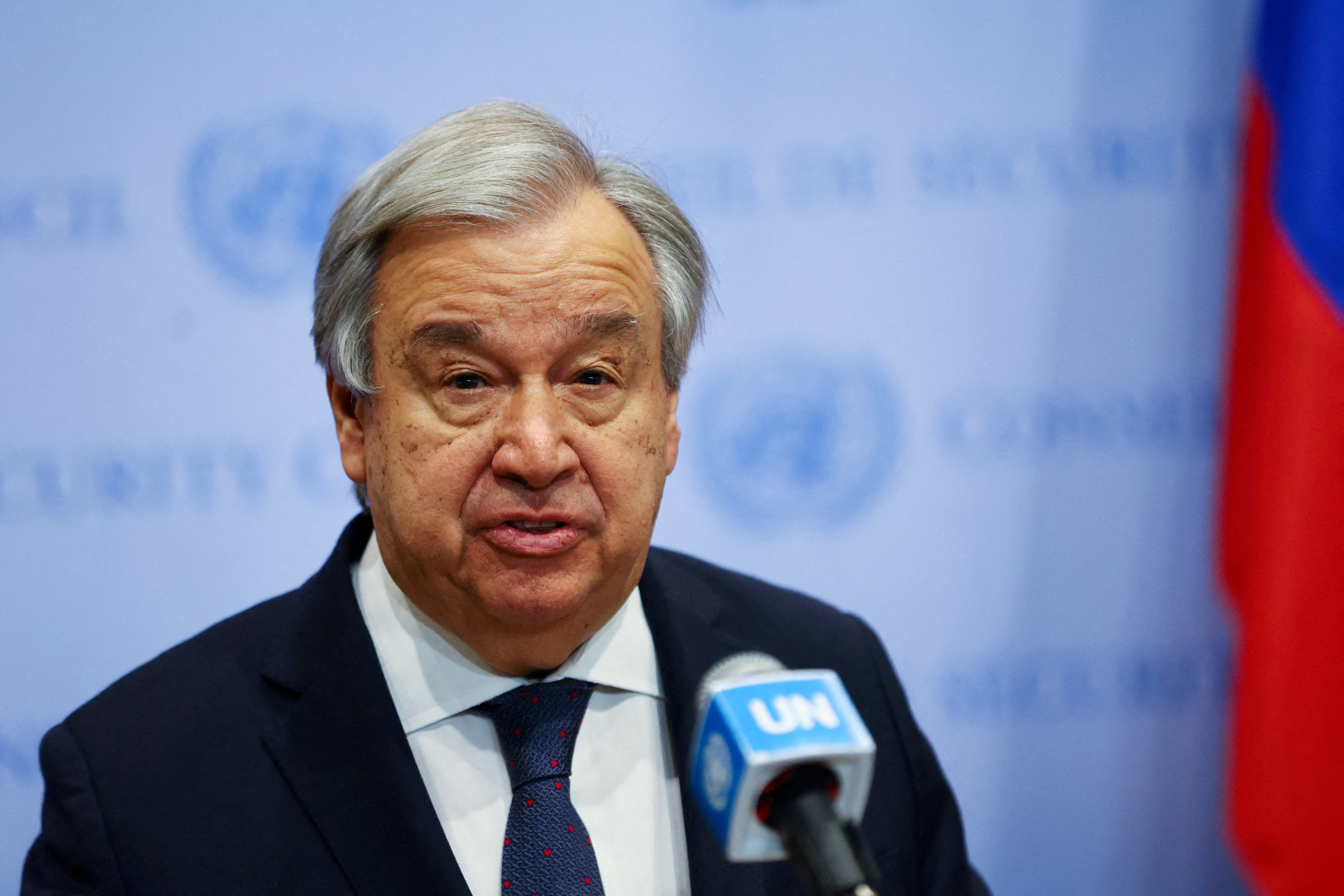 FILE PHOTO: United Nations Secretary-General Antonio Guterres deliver remarks to reporters outside the U.N. Security Council at U.N., headquarters in New York City, U.S. April 20, 2023. REUTERS/Mike Segar/File Photo