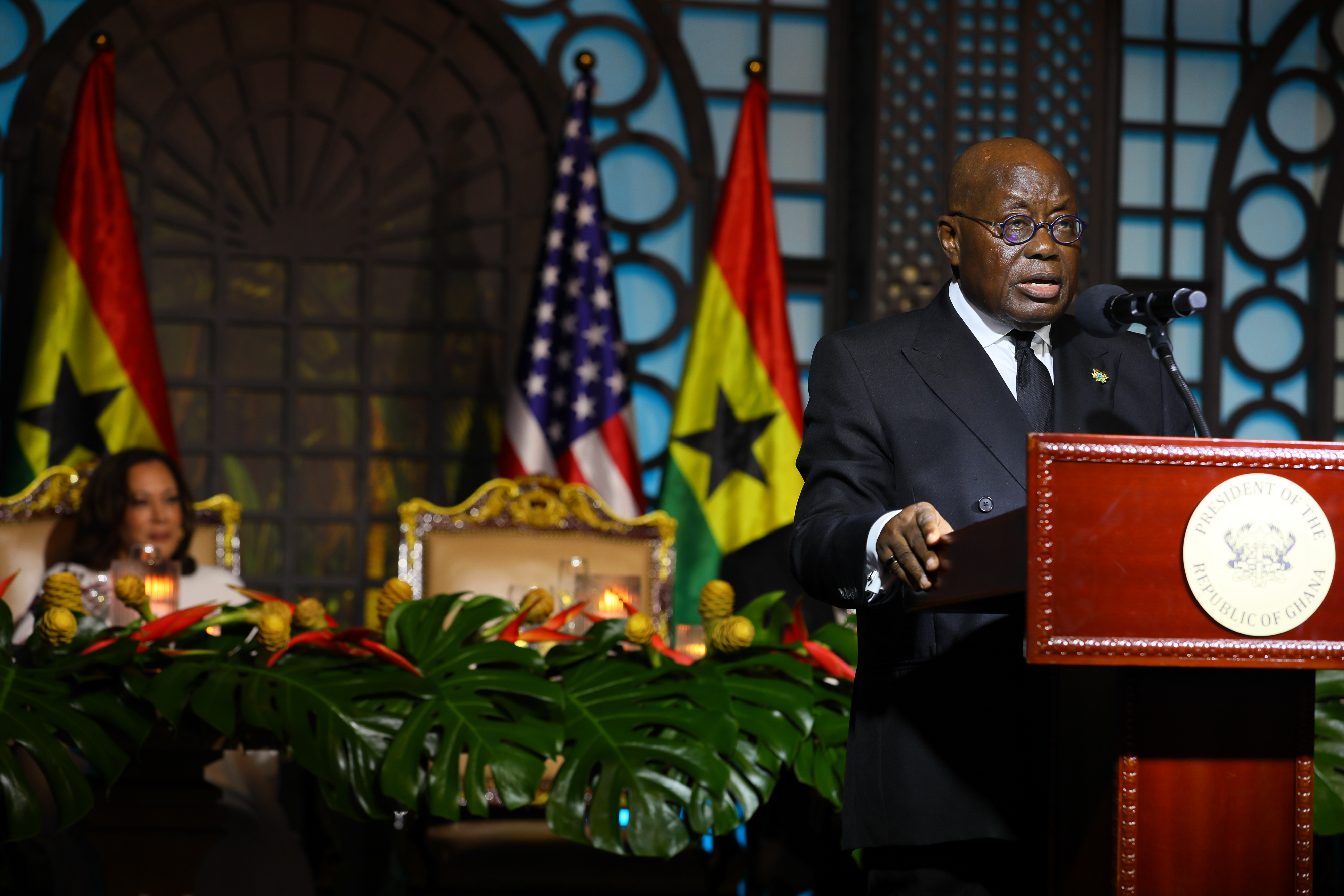 President of Ghana Nana Akufo-Addo (R) speaks during the state banquet at the Jubilee House in Accra, Ghana, on March 27, 2023 [Nipah Dennis / AFP]