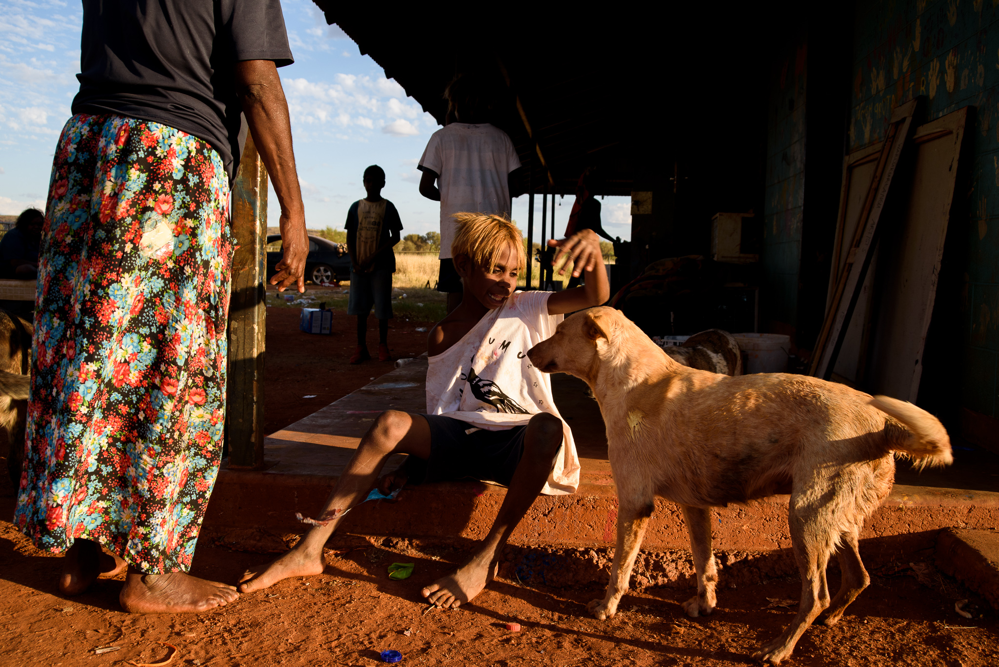 A dog stands in front of a child that is petting the animal. Some people are standing around them.