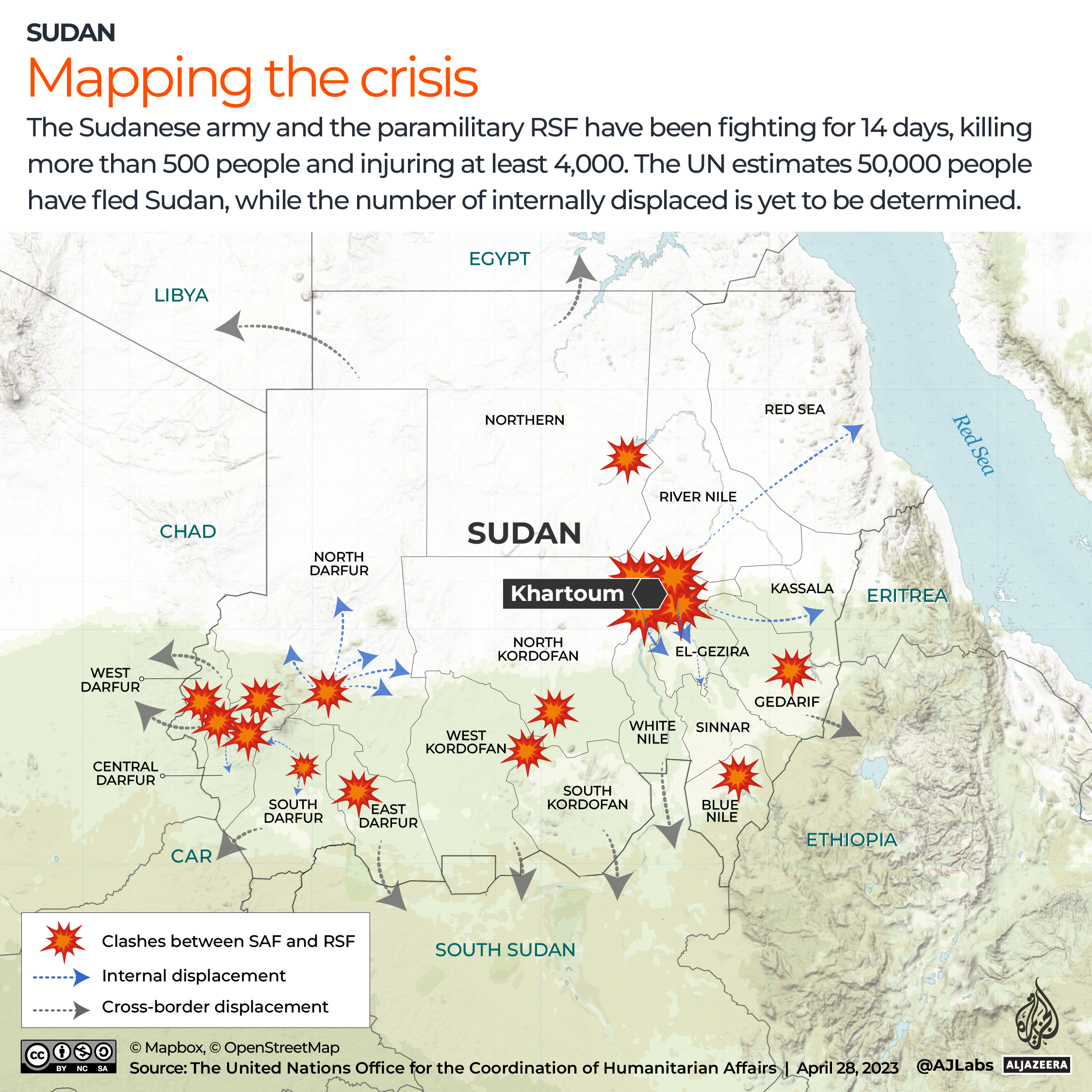 Map of clashes between SAF and RSF and displacement of people internally and across borders.