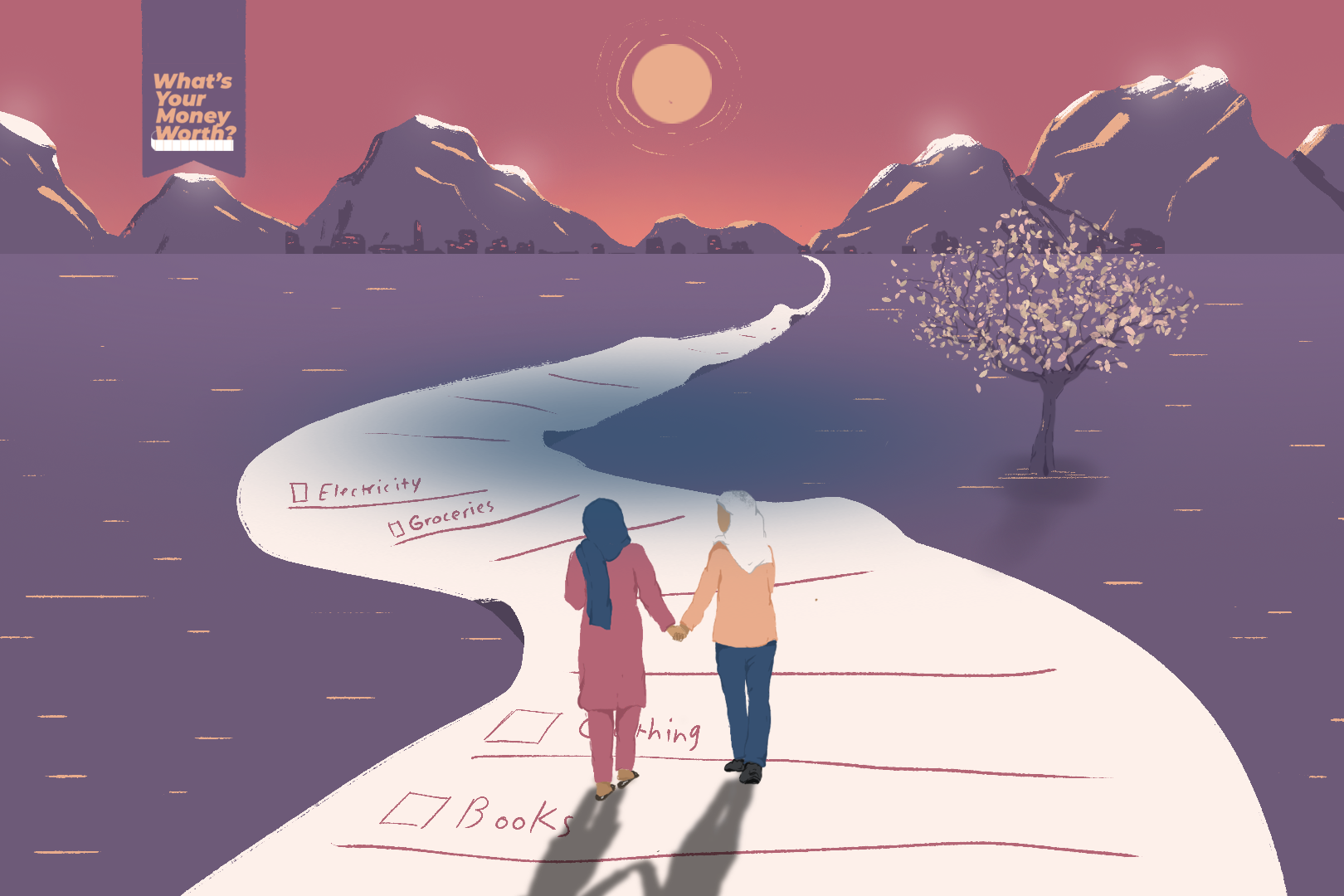 A photo of two people holding hands walking along a road made of a long receipt.