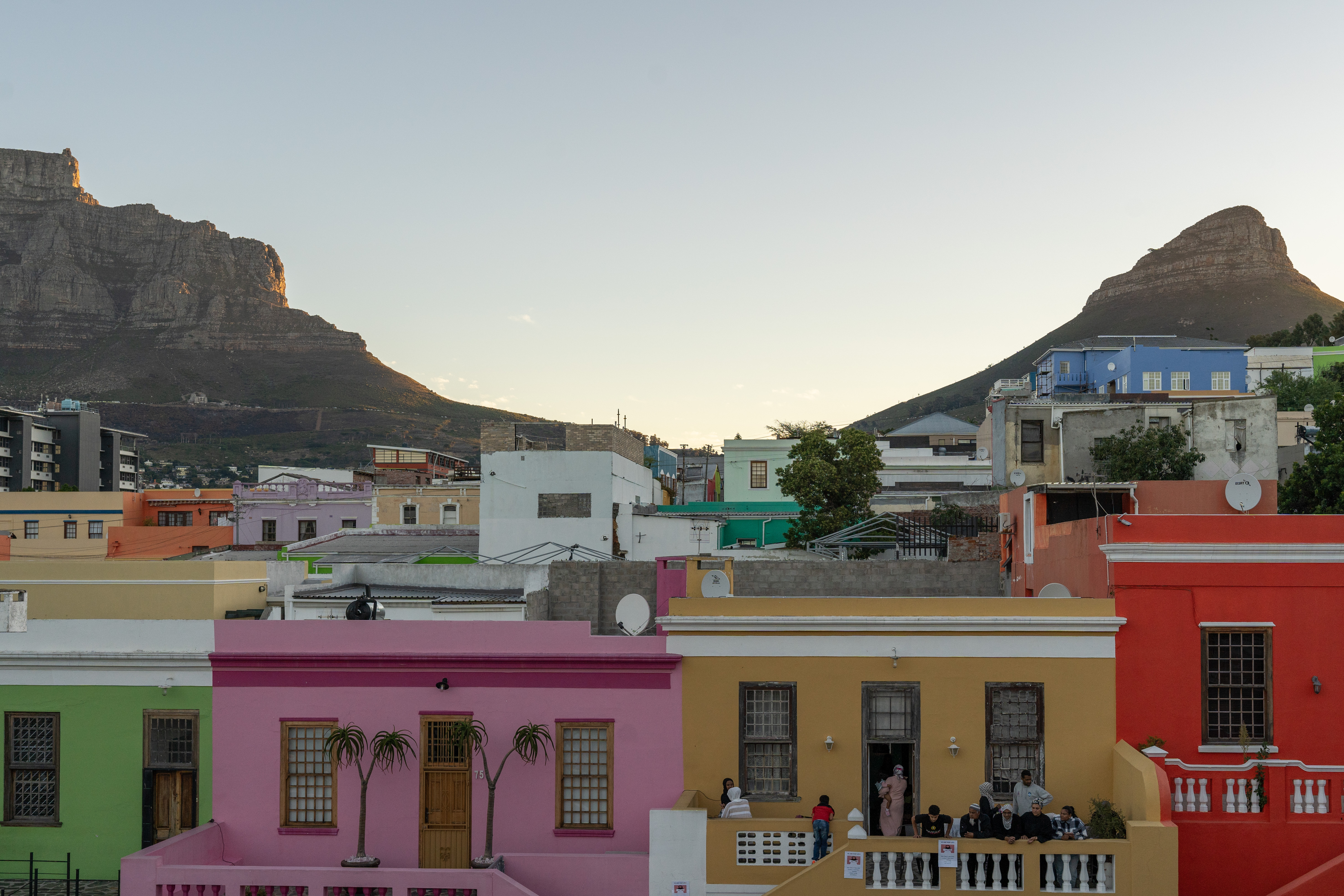 A photo of the tops of colourful buildings.