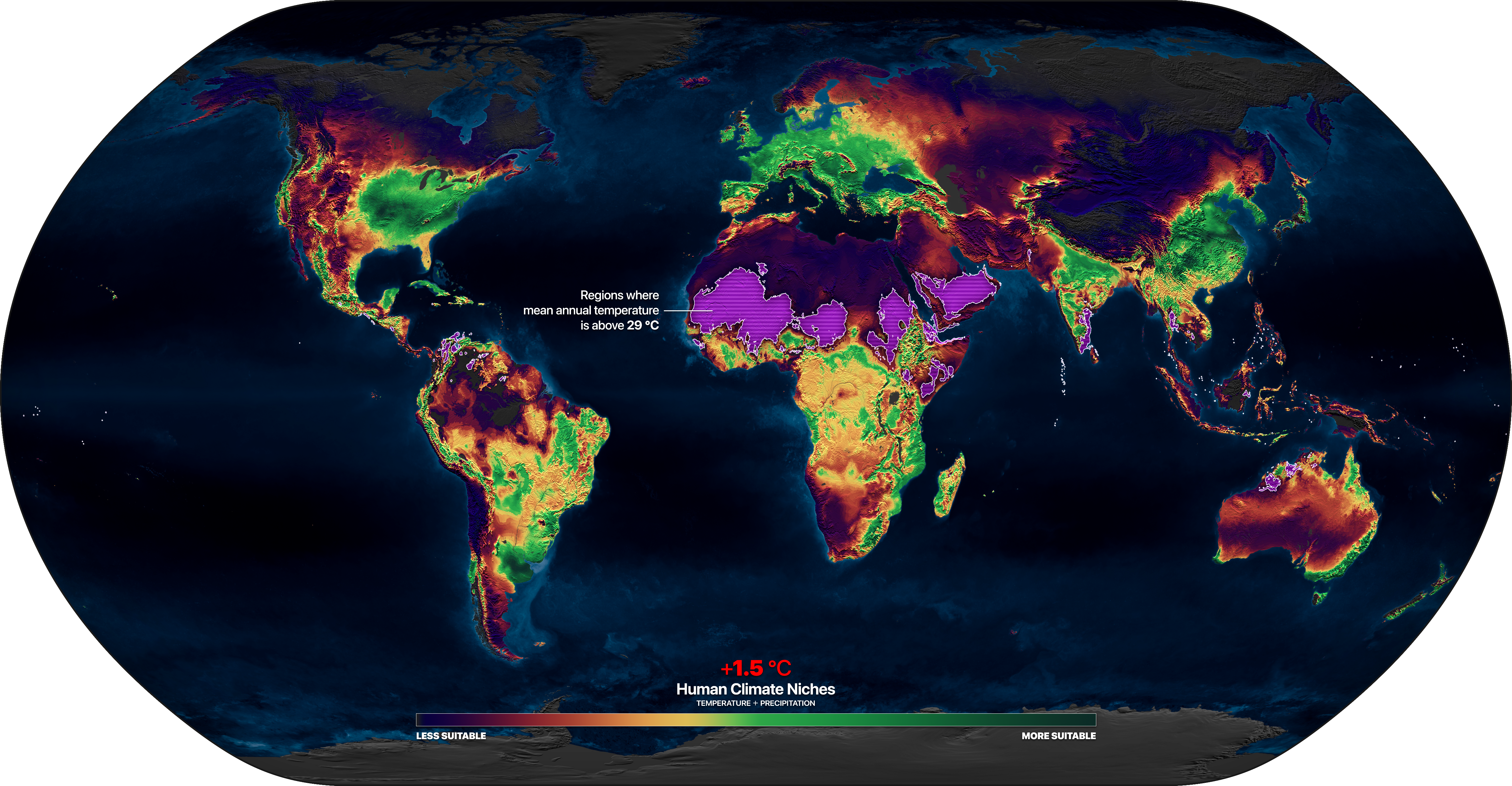 Heat map of the world showing hotspots.