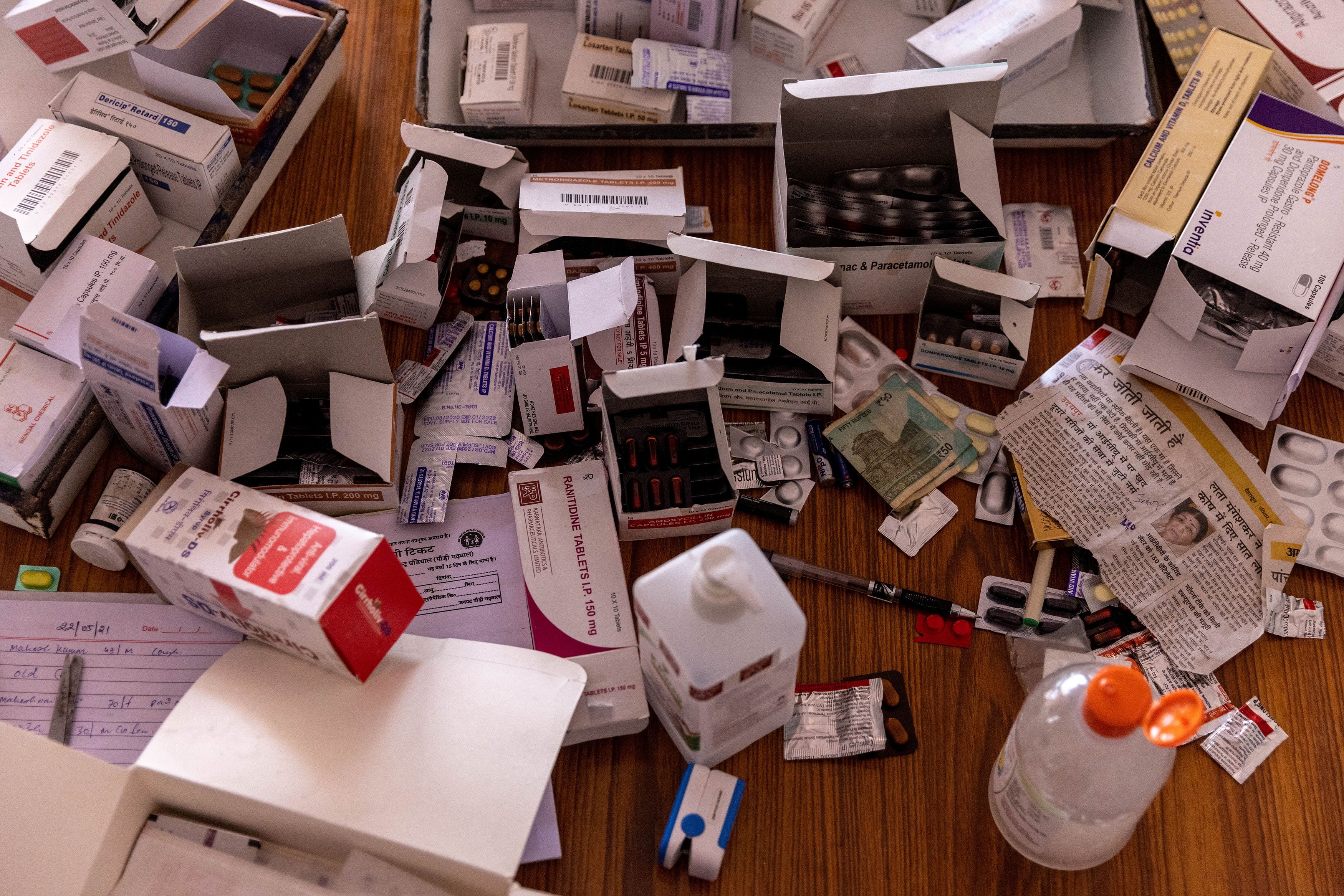 Medicines on a table at the dispensary in India