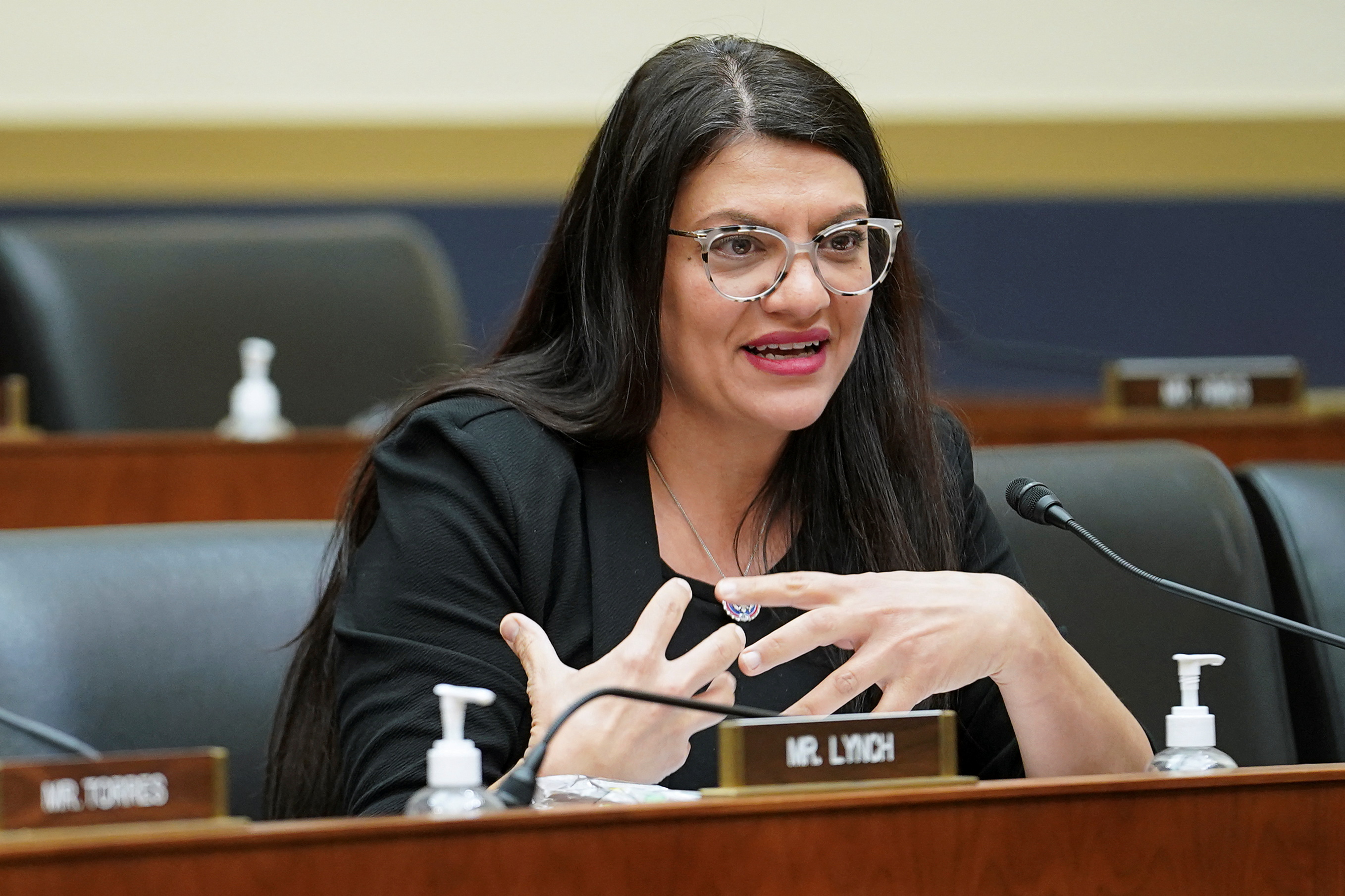 U.S. Representative Rashida Tlaib (D-MI) speaks at a U.S. House Financial Services Committee hearing investigating the collapse of the now-bankrupt crypto exchange FTX after the arrest of FTX founder Sam Bankman-Fried, on Capitol Hill in Washington, U.S. December 13, 2022. REUTERS/Sarah Silbiger