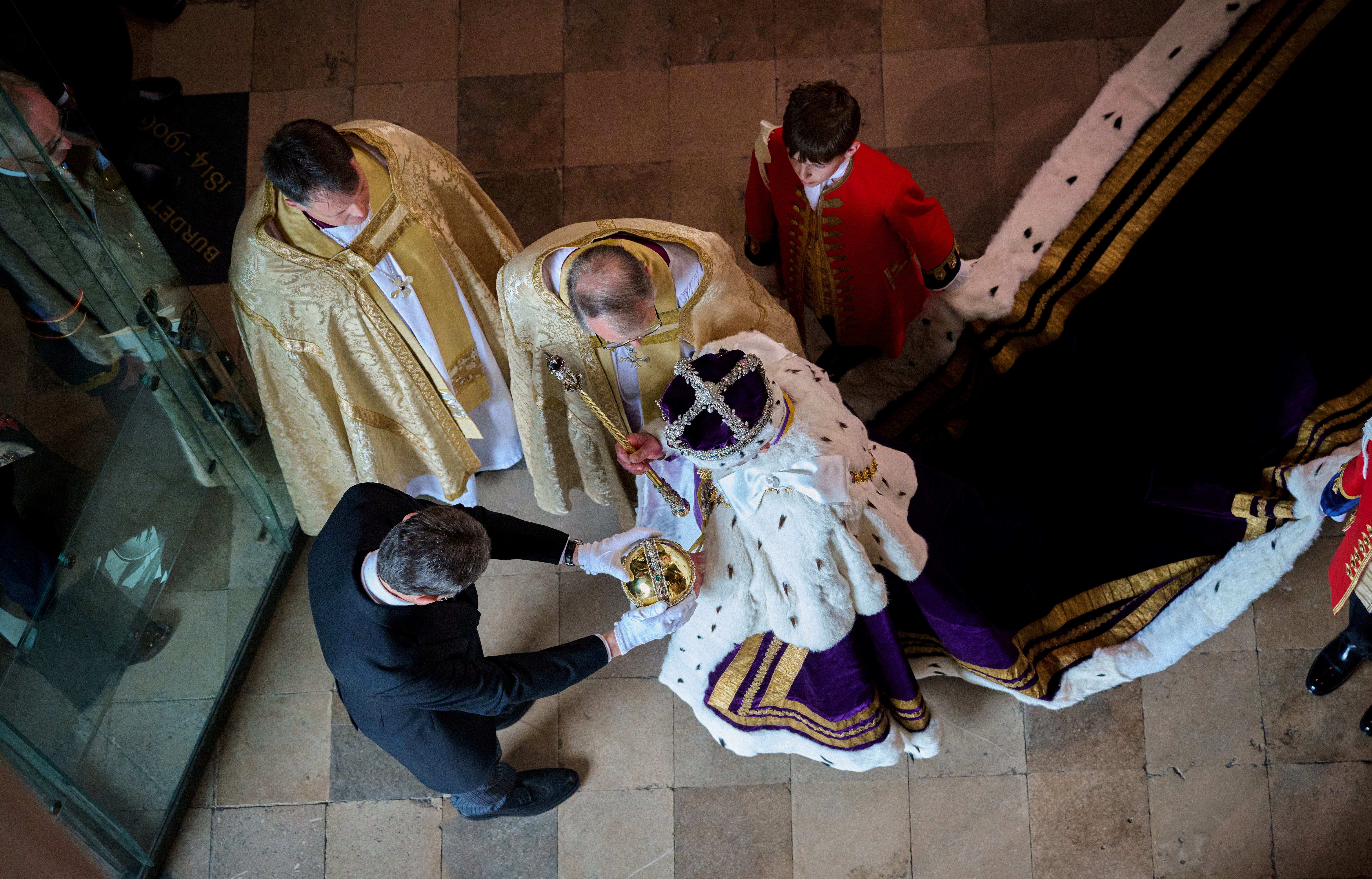 King Charles III departs the Coronation service at Westminster Abbey