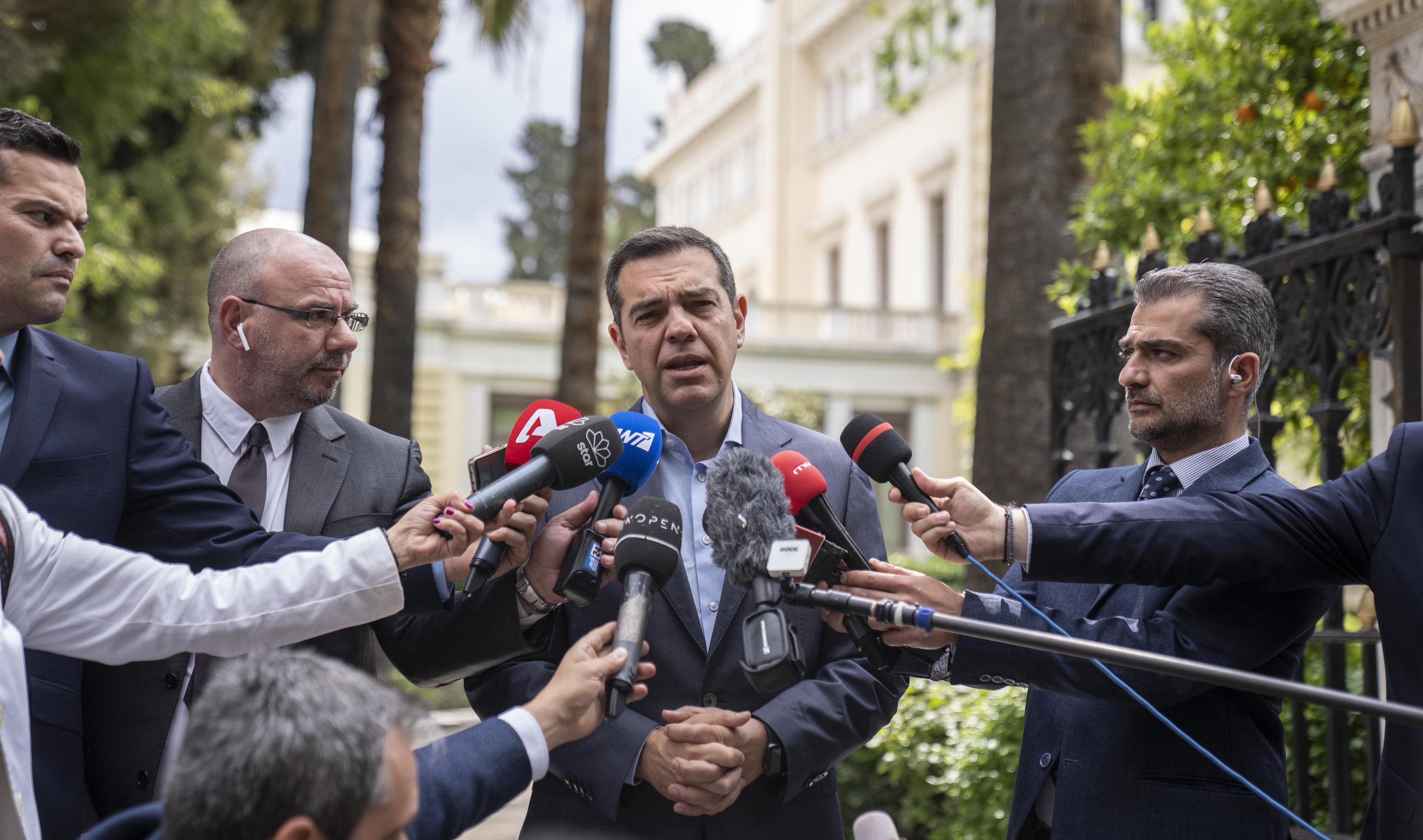Leader of the main opposition Syriza party, Alexis Tsipras, speaks to the media after his meeting with Greek President Katerina Sakellaropoulou to receive the mandate to form a coalition government