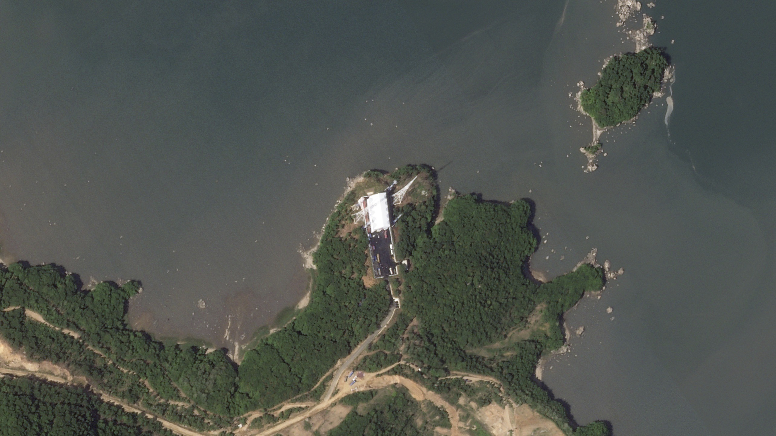 A satellite view of the Sohae Satellite Launch Pad. The site is next to the sea.