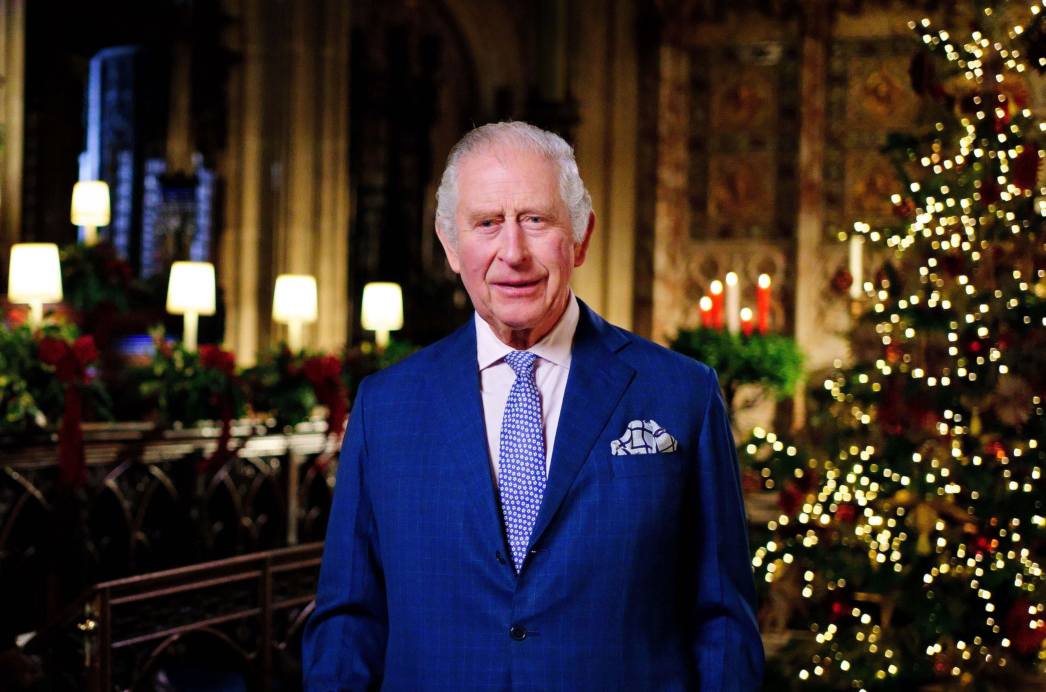 King Charles III is seen during the recording of his first Christmas broadcast in the Quire of St George's Chapel at Windsor Castle, on December 13, 2022 in Windsor, England