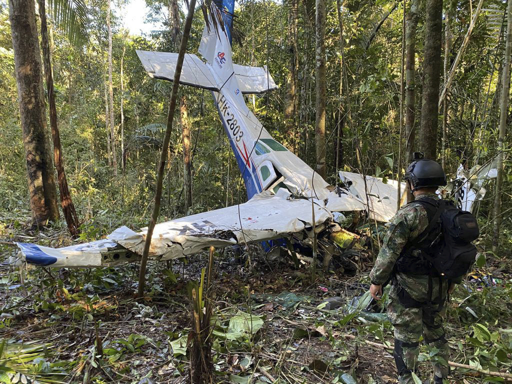 A soldier stands next to the wreckage of a plane in the jungle