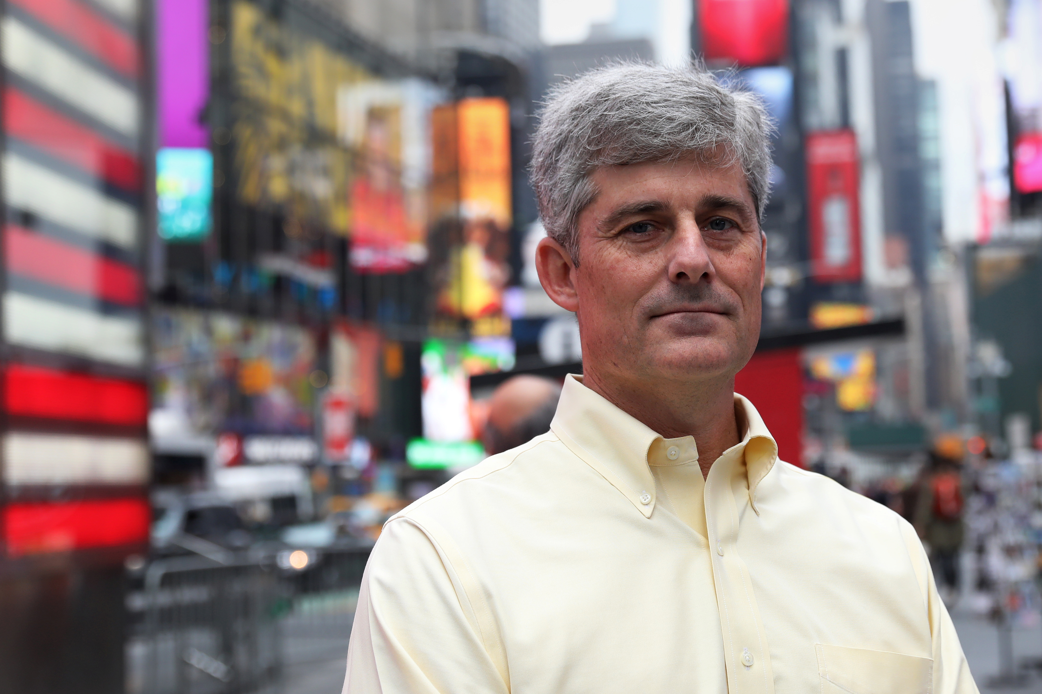 Stockton Rush, CEO of OceanGate exhibitions, poses at Times Square in New York