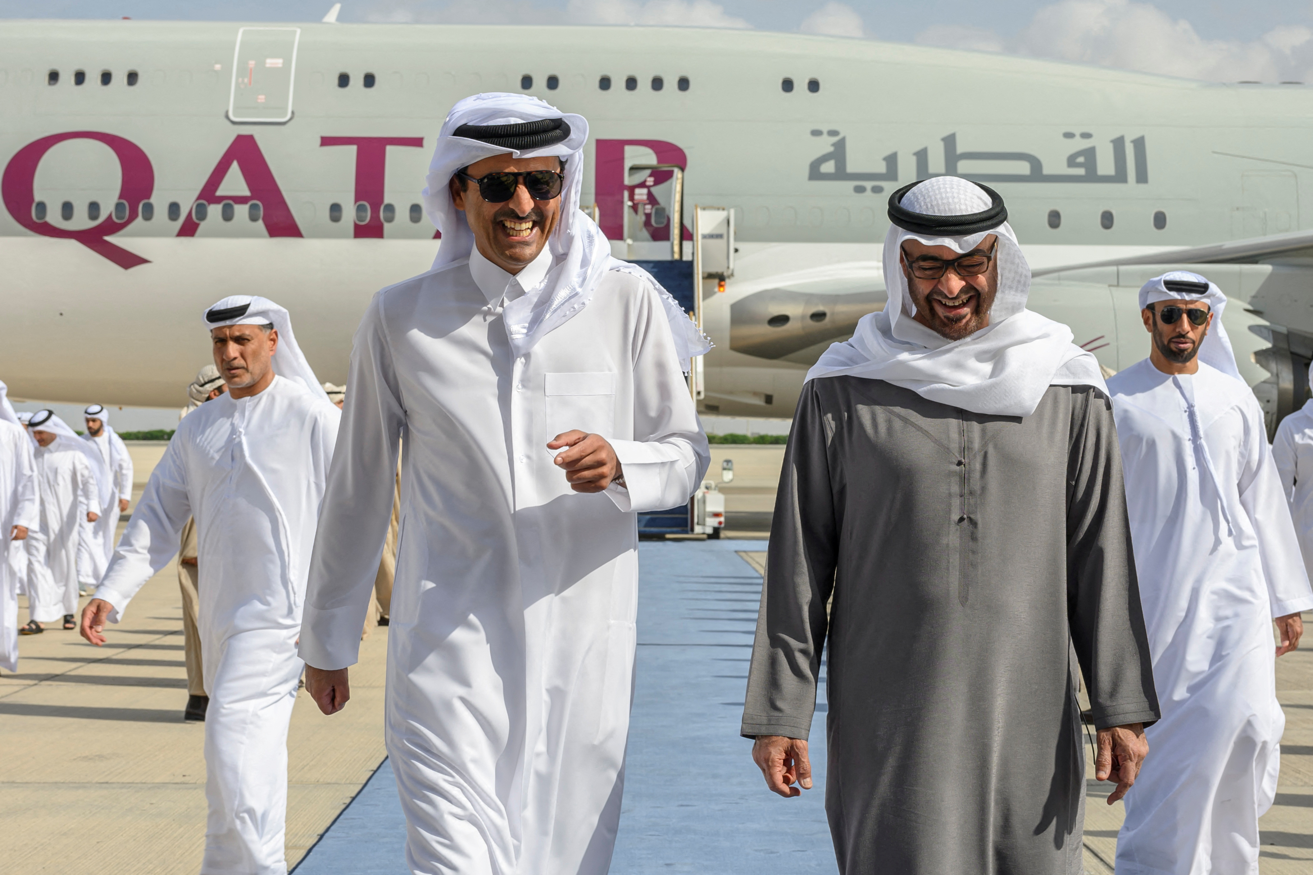 President of United Arab Emirates Sheikh Mohamed bin Zayed Al Nahyan and Sheikh Tamim bin Hamad Al Thani Emir of Qatar