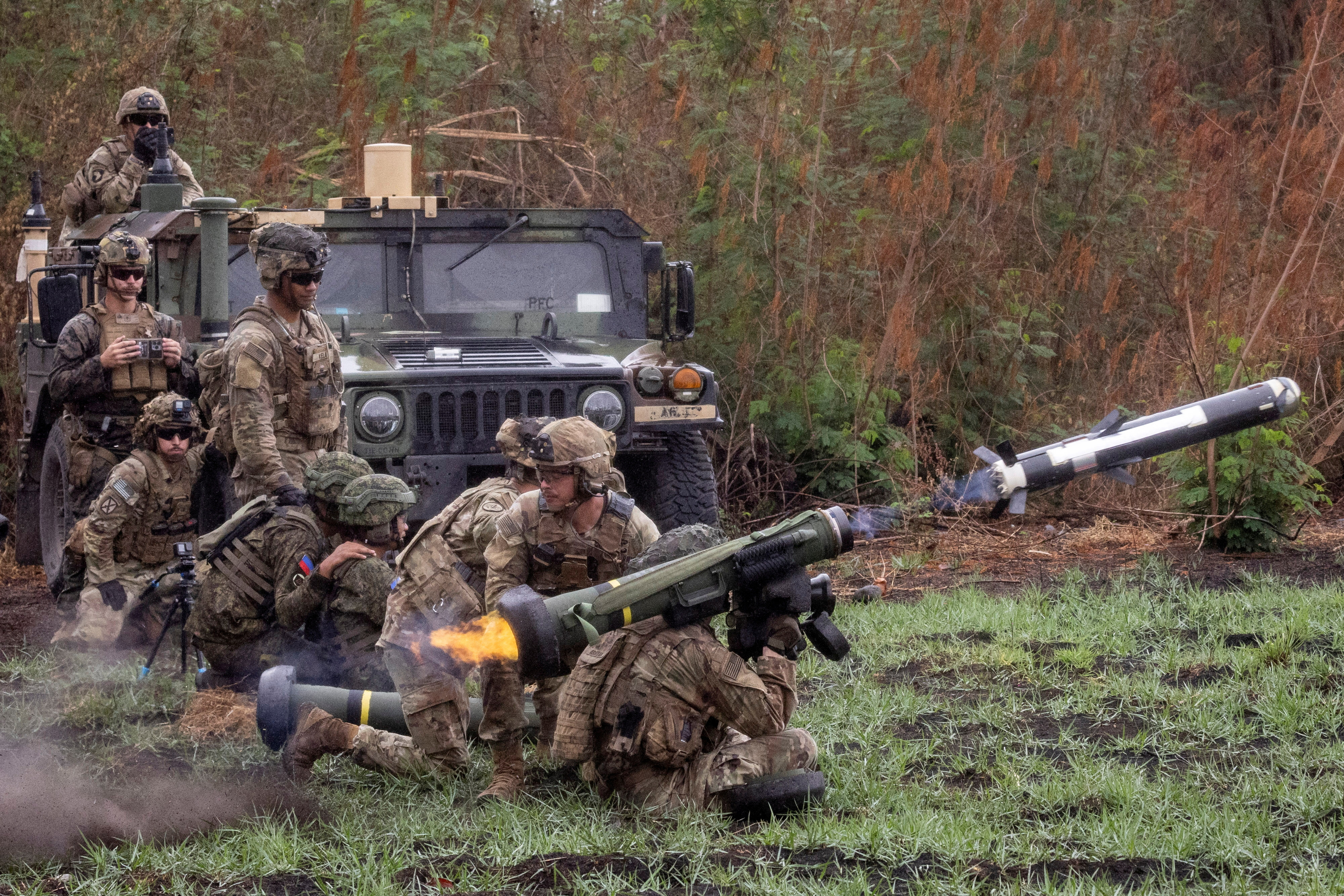 A U.S. soldier fires a Javelin anti-tank weapon system during a live exercise as part of the annual US-Philippines joint military exercises called "Balikatan" at Fort Magsaysay, Nueva Ecija province, Philippines, April 13, 2023