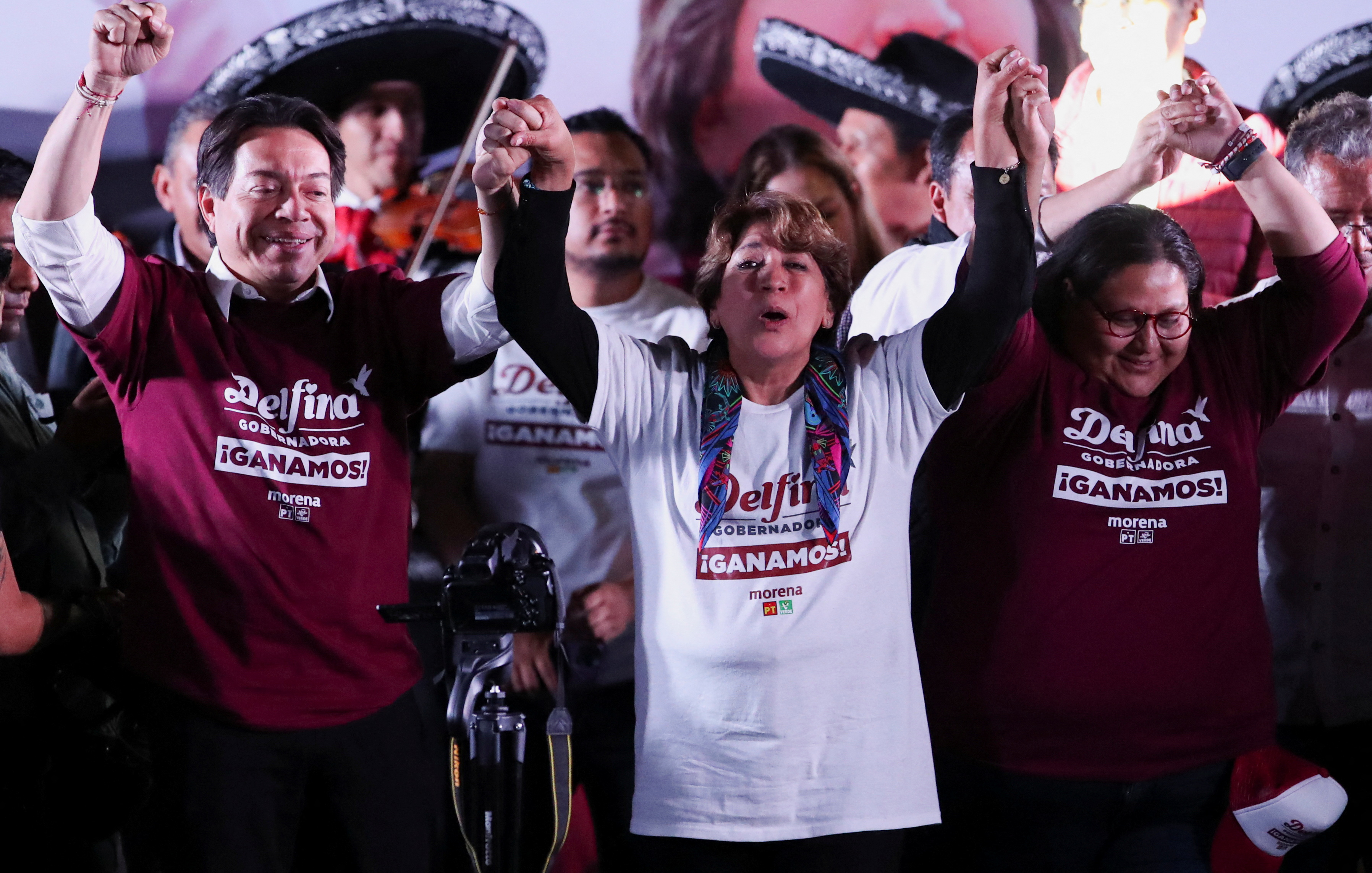 Delfina Gomez, (centre) candidate for governor of the State of Mexico for the National Regeneration Movement (MORENA), celebrates