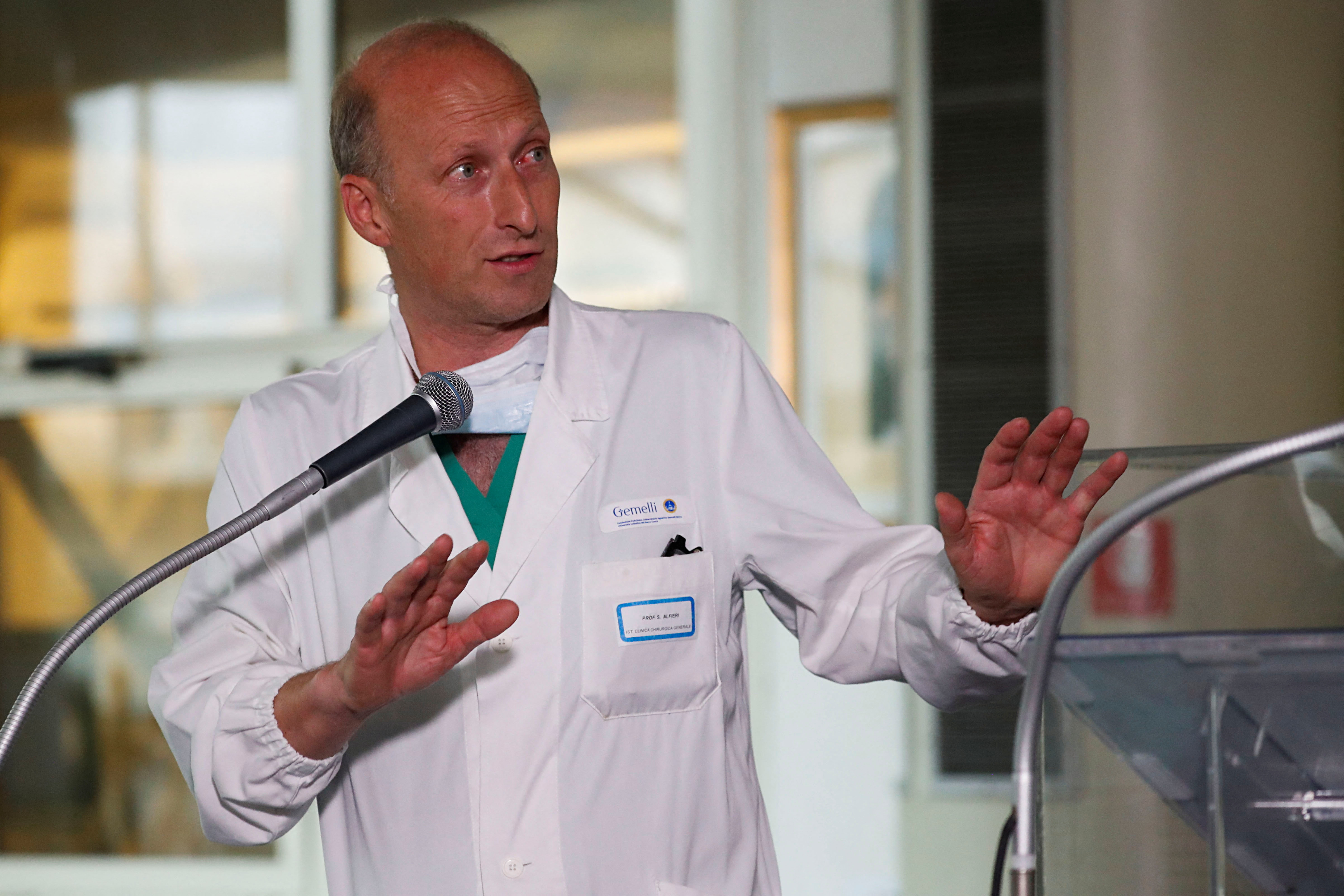 Professor Sergio Alfieri speaks with the media at the Gemelli Hospital where Pope Francis undergoes the abdominal surgery, in Rome, Italy, June 7, 2023. REUTERS/Remo Casilli