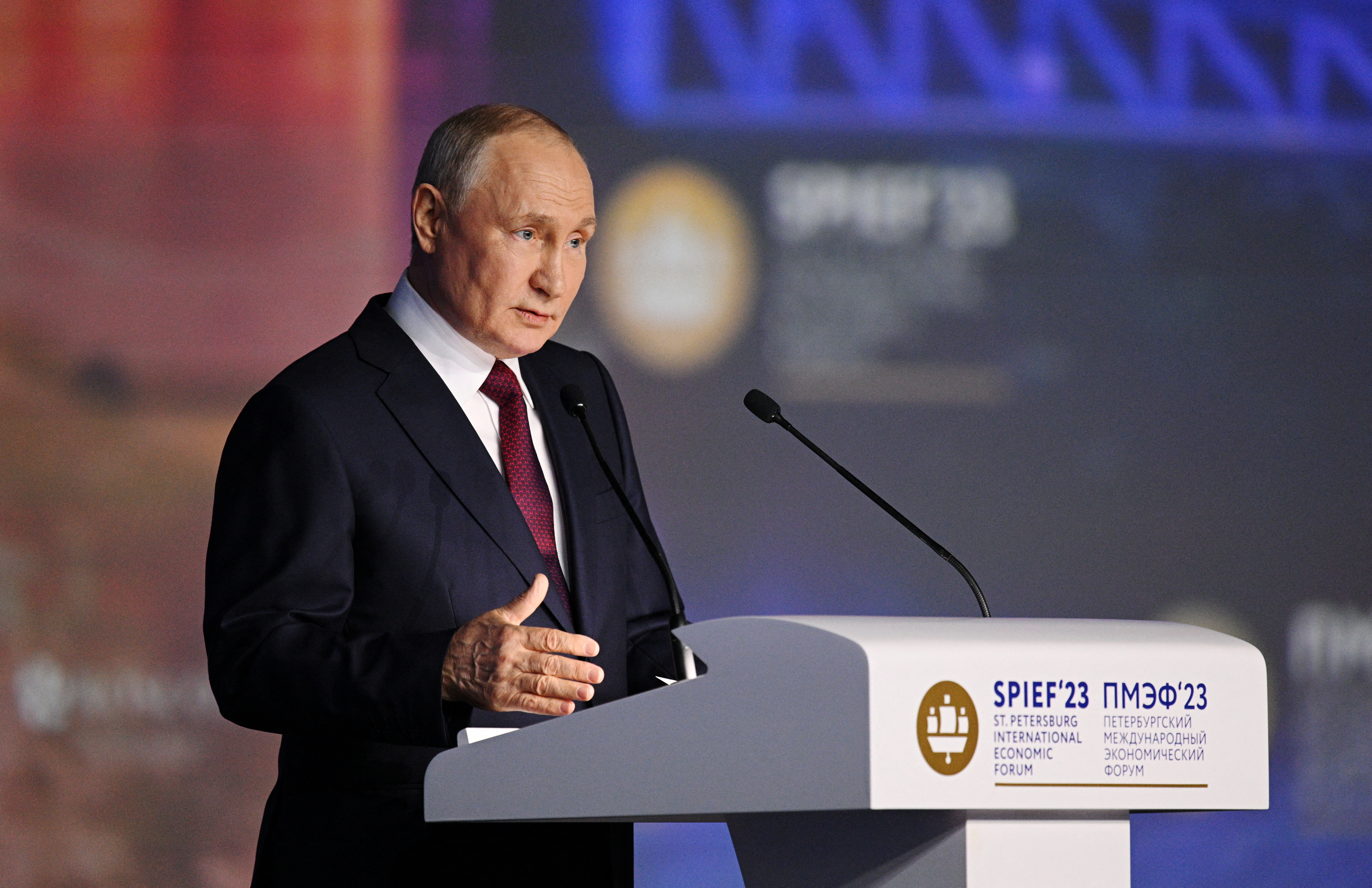 Russian President Vladimir Putin delivers a speech during a session of the St. Petersburg International Economic Forum (SPIEF) in Saint Petersburg, Russia, June 16, 2023. Sputnik/Ramil Sitdikov/Host photo agency via REUTERS ATTENTION EDITORS - THIS IMAGE WAS PROVIDED BY A THIRD PARTY.