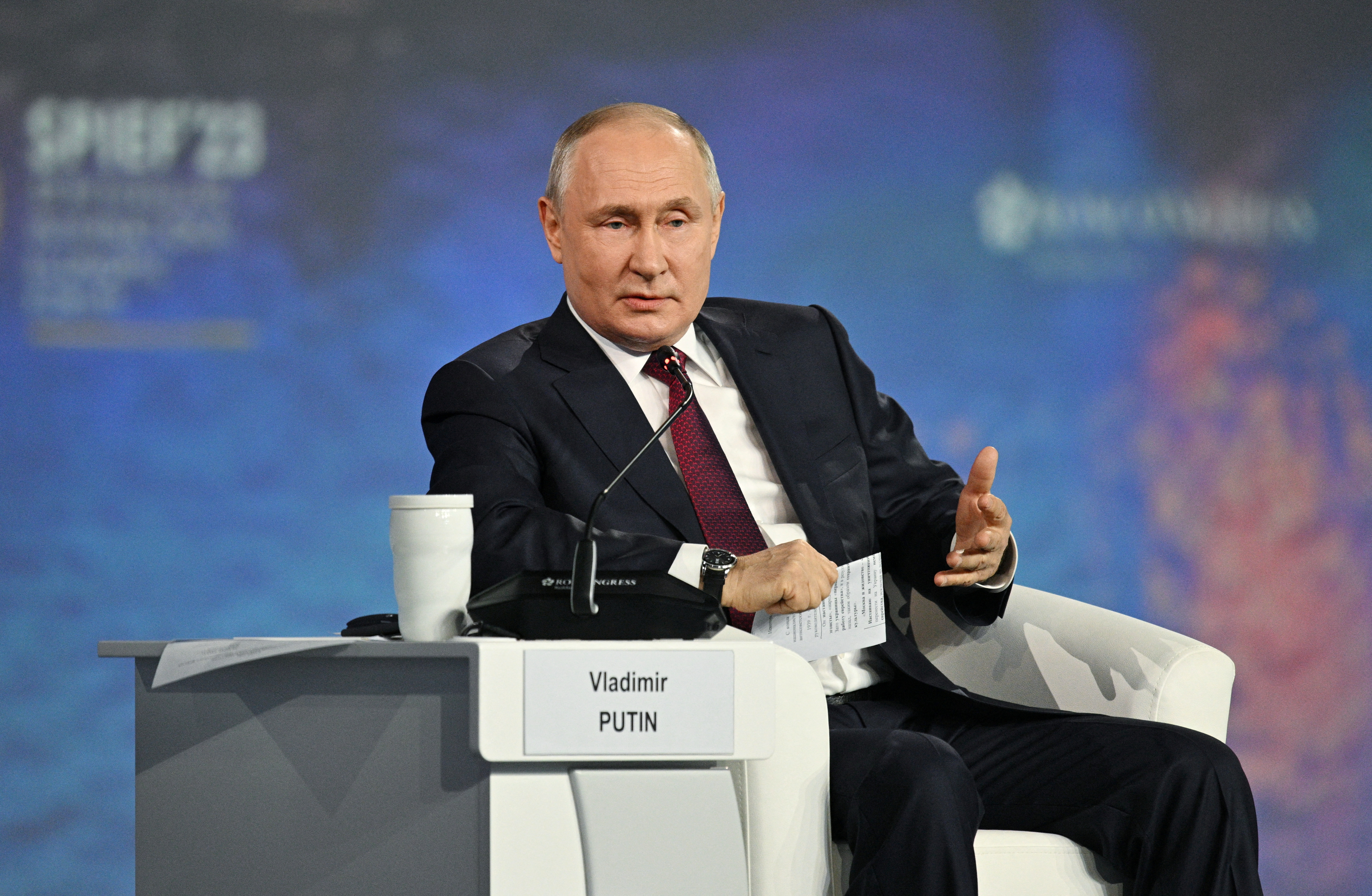 Russian President Vladimir Putin speaks during a session of the St. Petersburg International Economic Forum (SPIEF) in Saint Petersburg, Russia