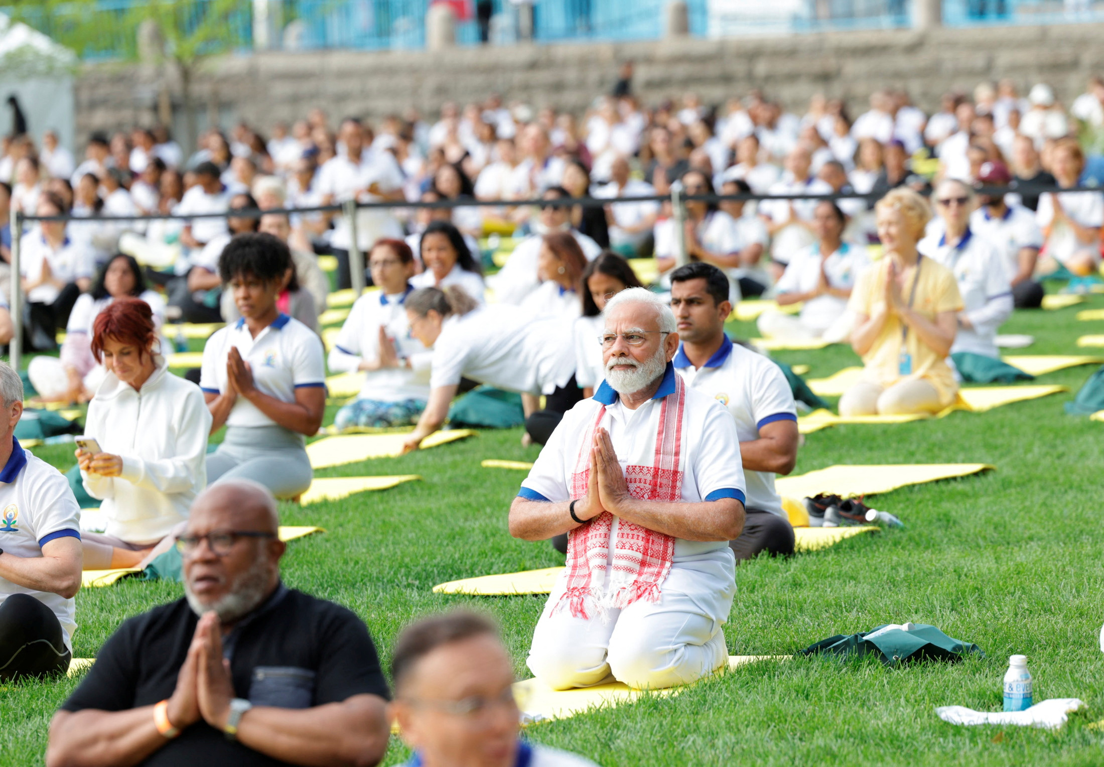 Participants take part in the 9th International Day of Yoga event with India's Prime Minister Narendra Modi at United Nations headquarters in New York City, New York, U.S., June 21, 2023. India's Press Information Bureau/Handout via REUTERS THIS IMAGE HAS BEEN SUPPLIED BY A THIRD PARTY. NO RESALES. NO ARCHIVES.