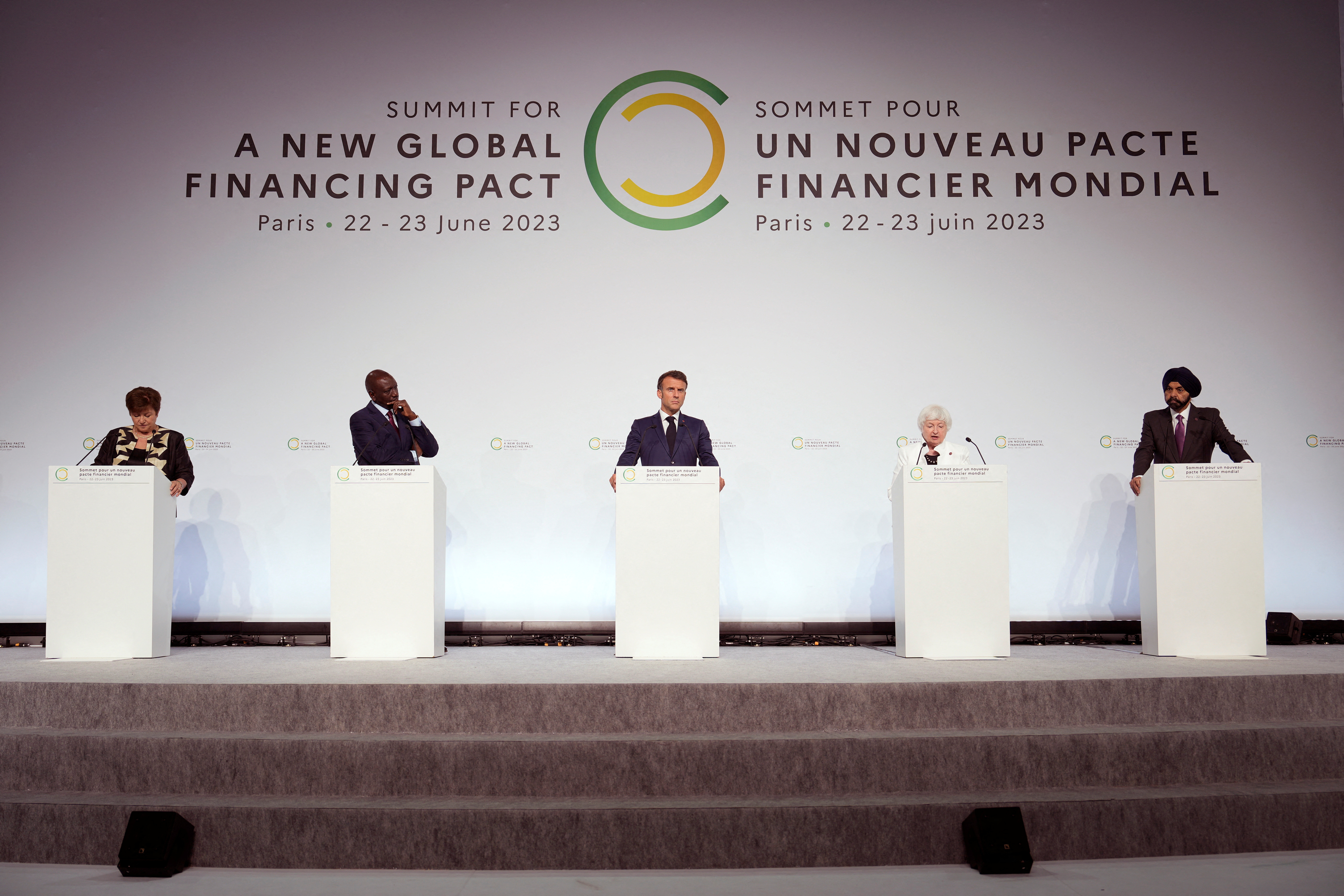 Kristalina Georgieva, Managing Director of the International Monetary Fund, William Ruto, President of Kenya, French President Emmanuel Macron, U.S. Treasury Secretary Janet Yellen and World Bank President Ajay Banga attend a joint press conference at the end of the New Global Financial Pact Summit