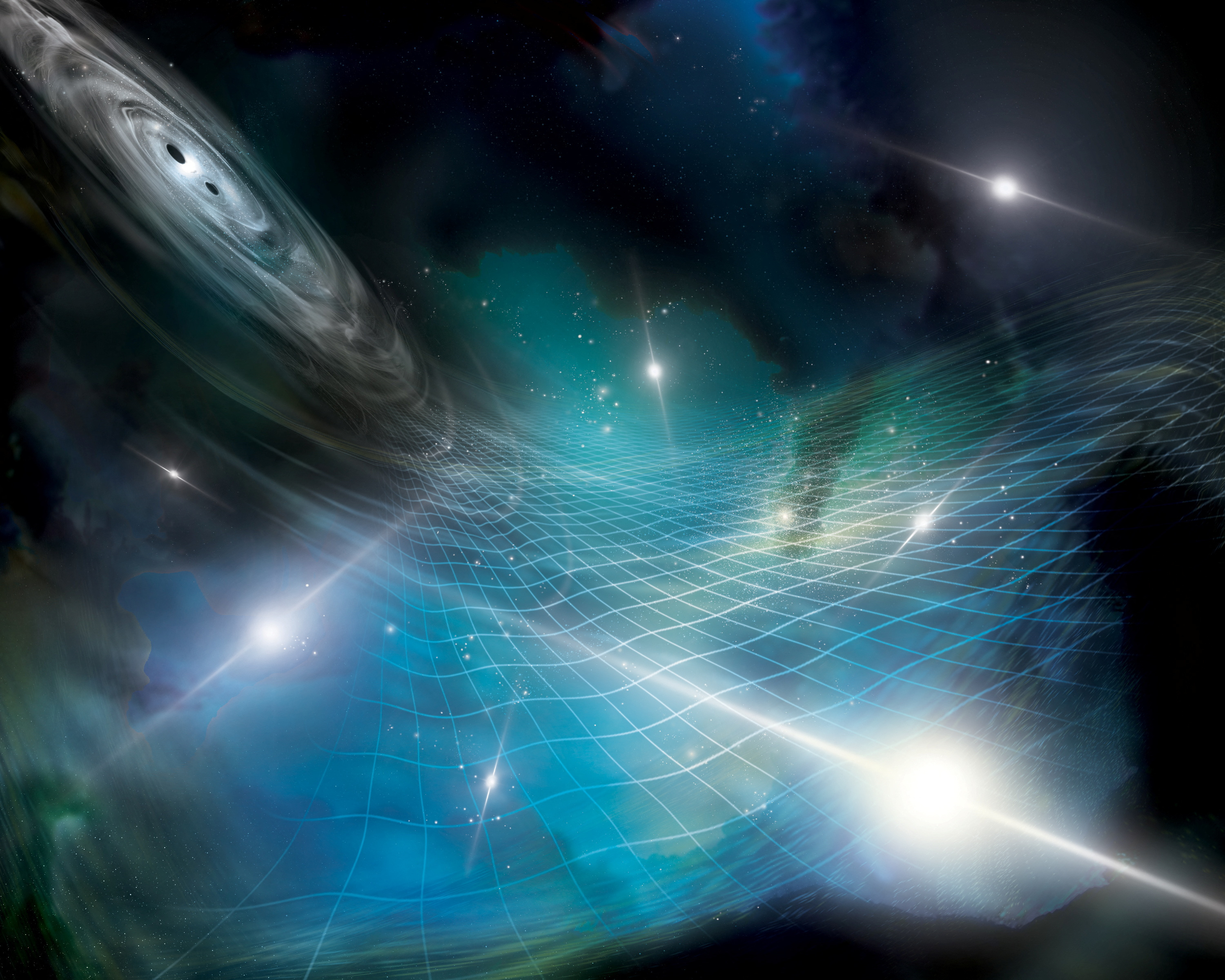 This image is an artistic interpretation of an array of pulsars being affected by gravitational ripples produced by a supermassive black hole binary in a distant galaxy