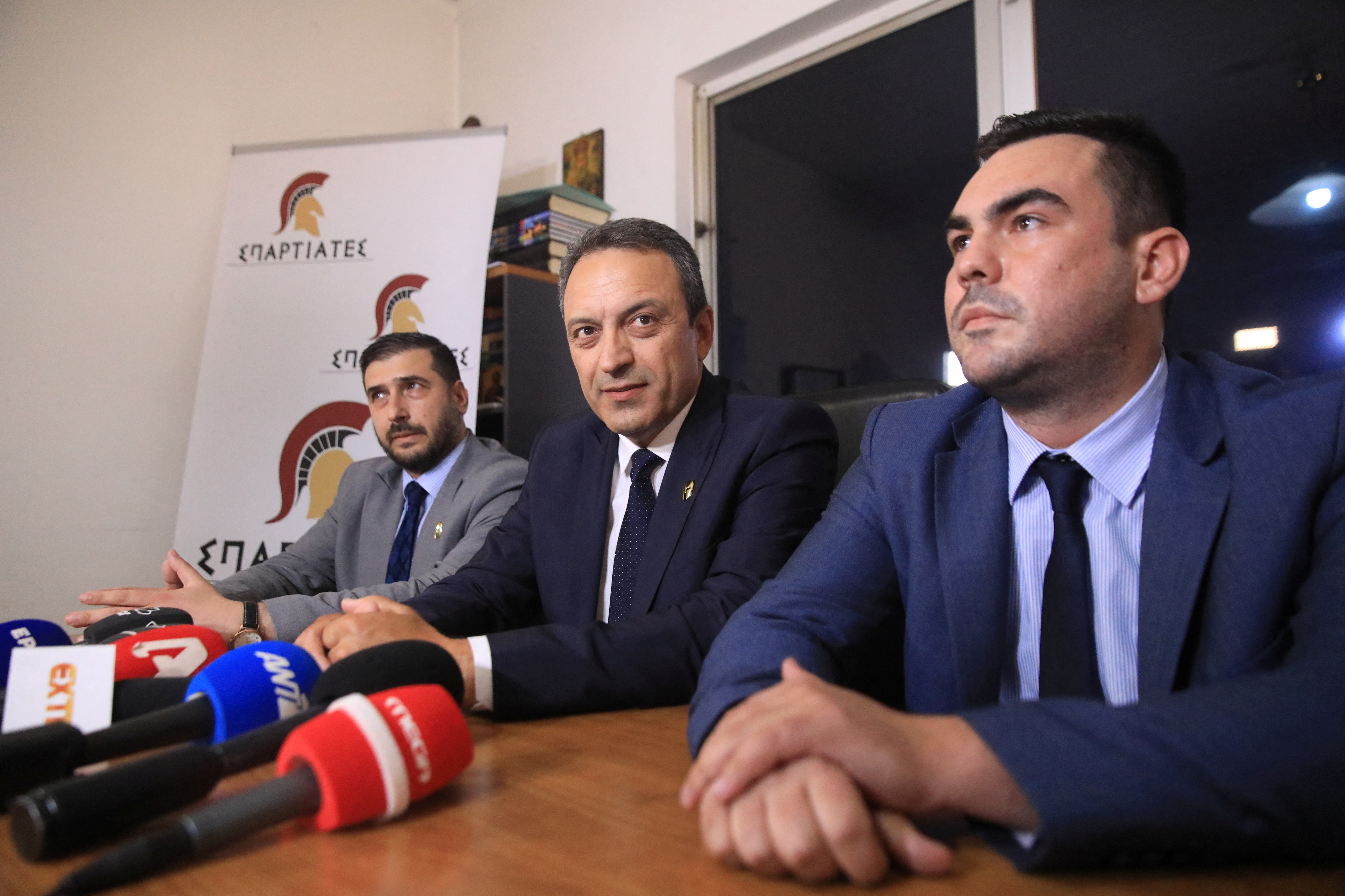 Leader of the far-right political party Spartans Vassilis Stigkas speaks at the party headquarters in Athens