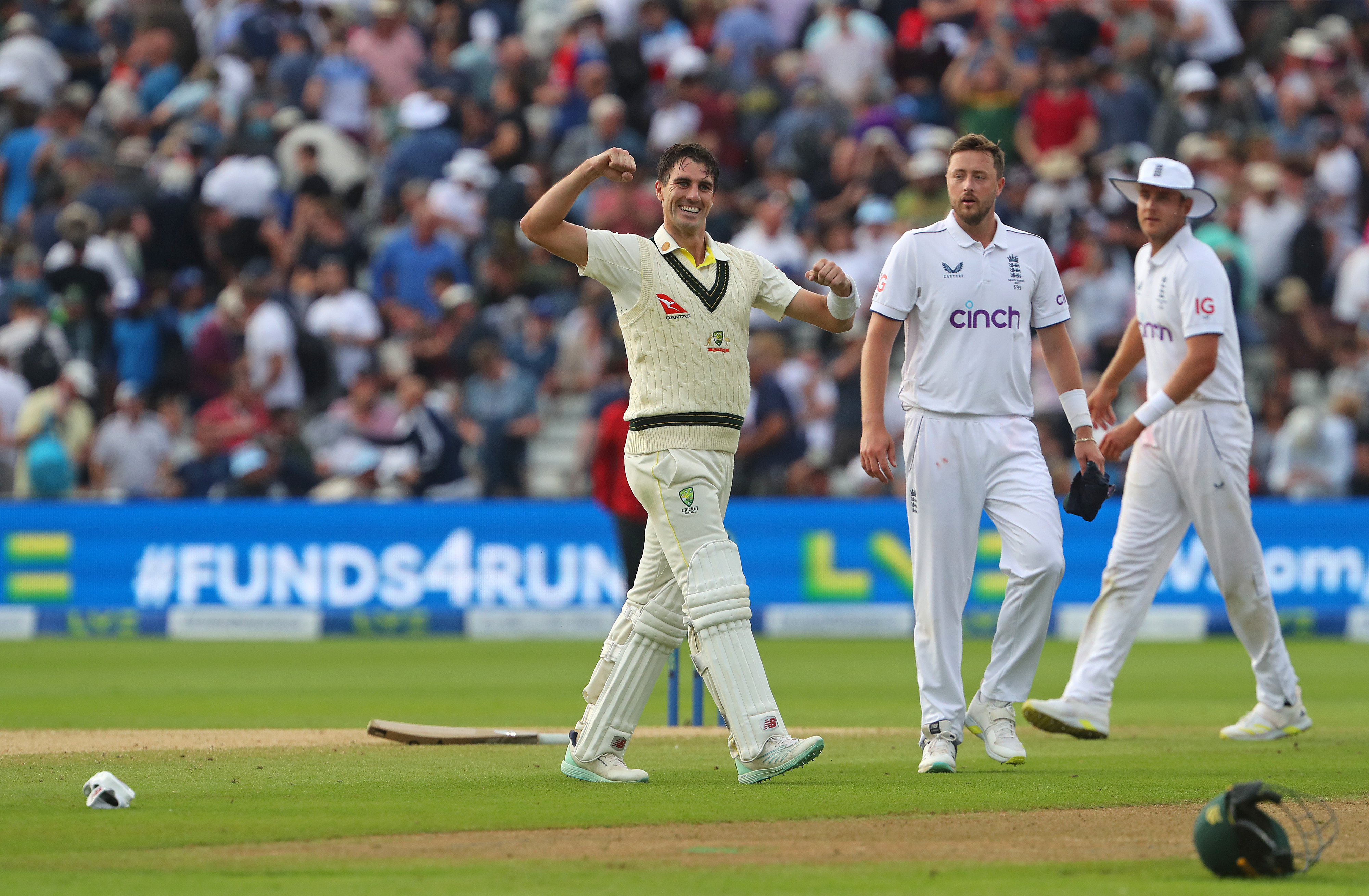 Australia's Pat Cummins celebrates winning the first Ashes cricket Test match between England and Australia at Edgbaston in Birmingham