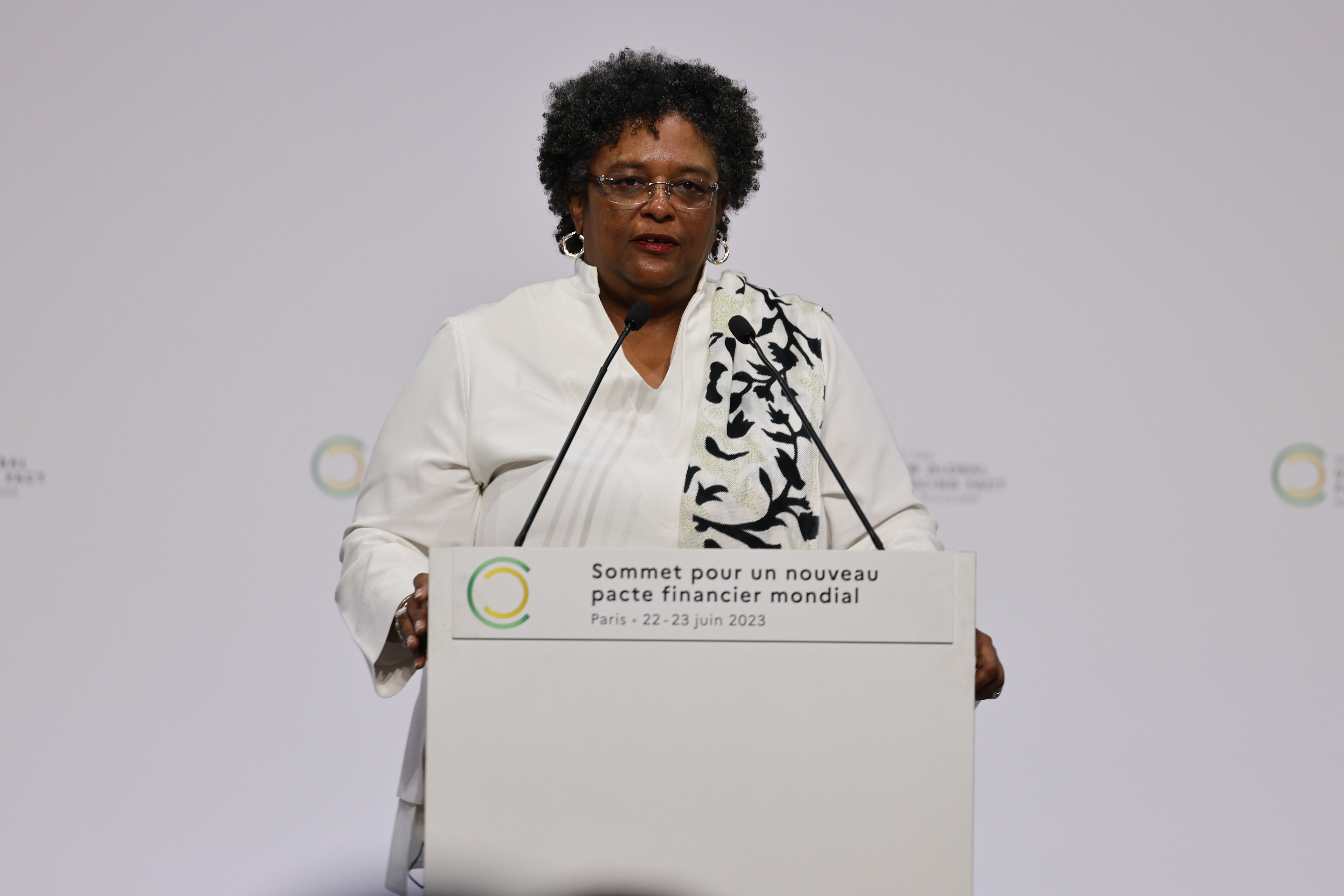 Prime Minister of Barbados, Mia Mottley delivers a speech during the opening session of the New Global Financial Pact Summit at the Palais Brongniart in Paris