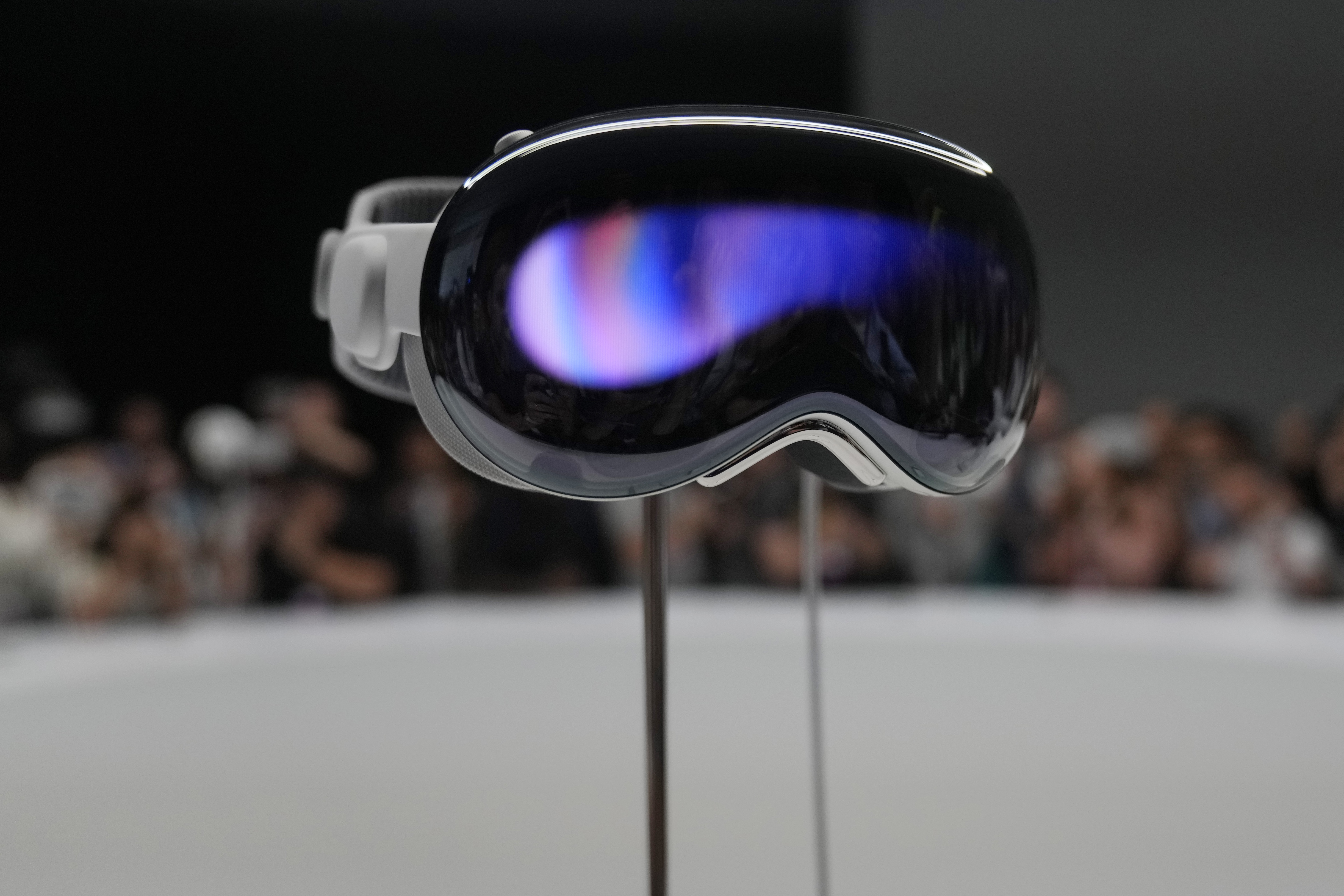The Apple Vision Pro headset is displayed in a showroom on the Apple campus in Cupertino, California, US