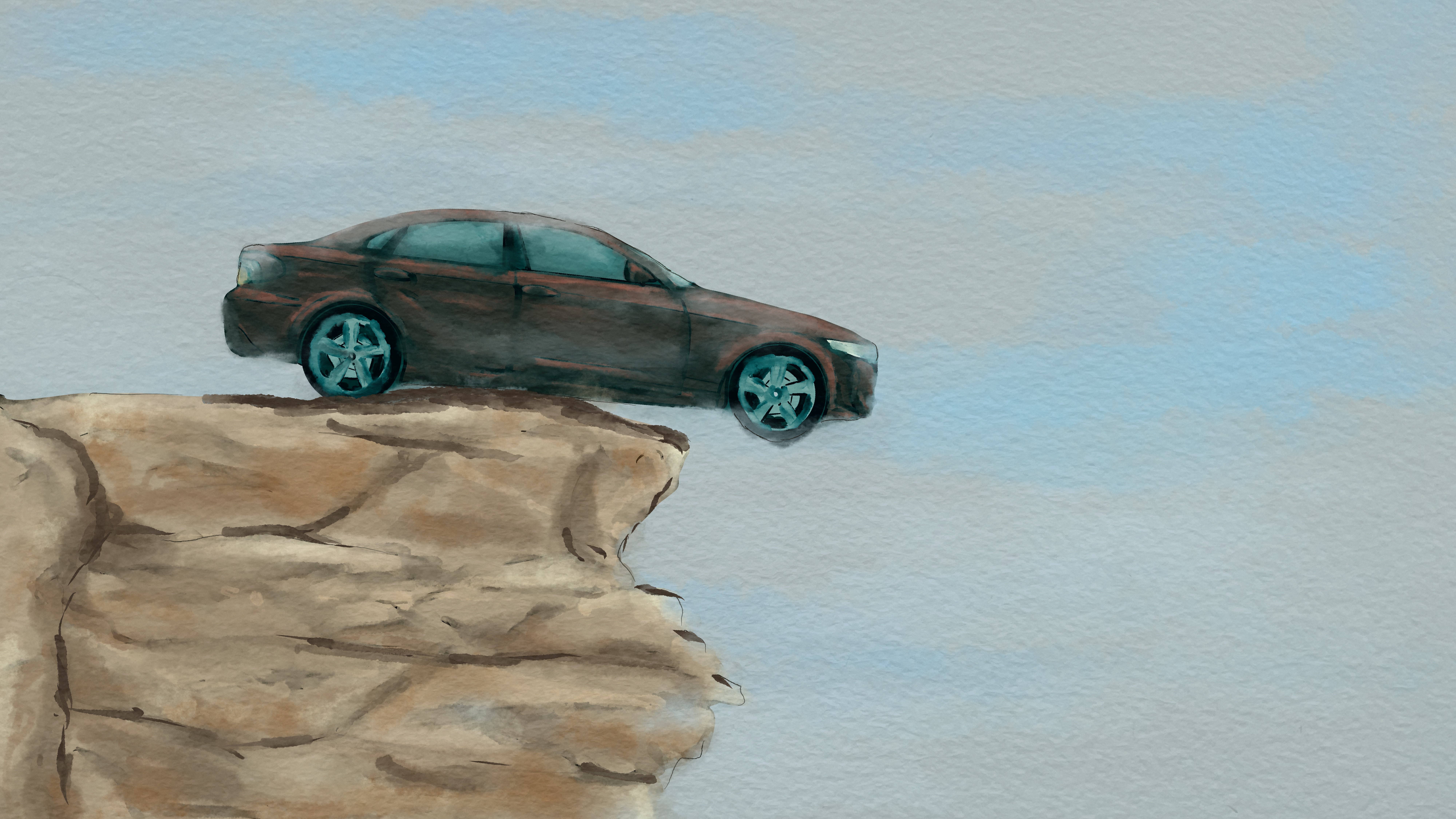 An illustration of a car almost halfway off the edge of a cliff.