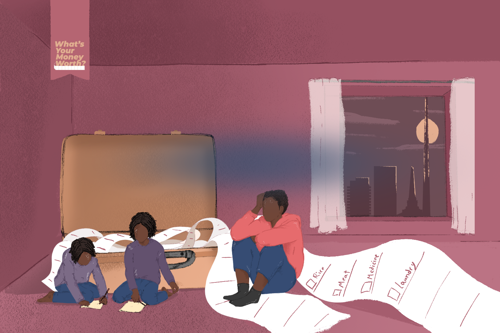 An illustration of a mother and two daughters in a room.