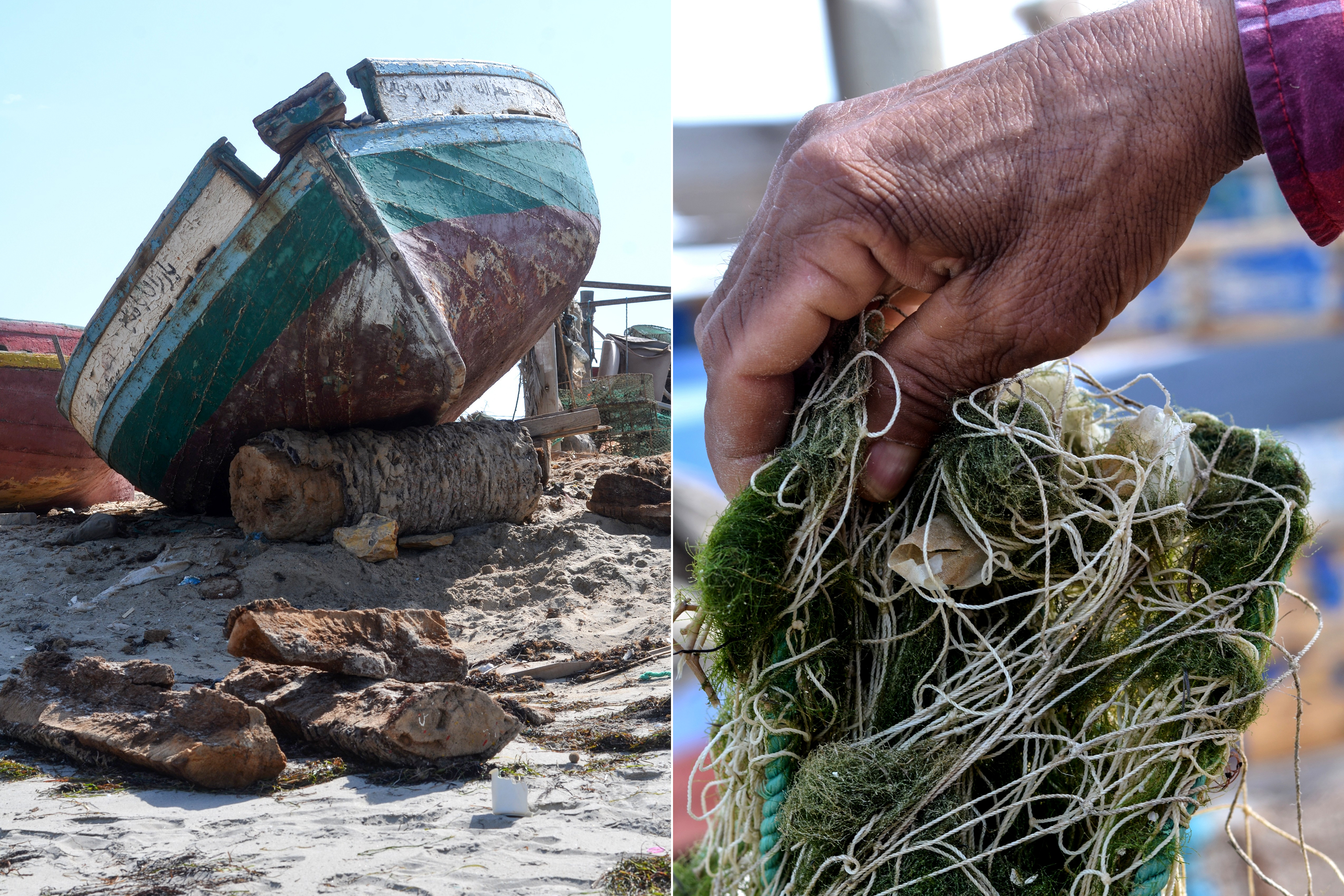 split photo with beached boat on the left and a hand holding fishing net on the right